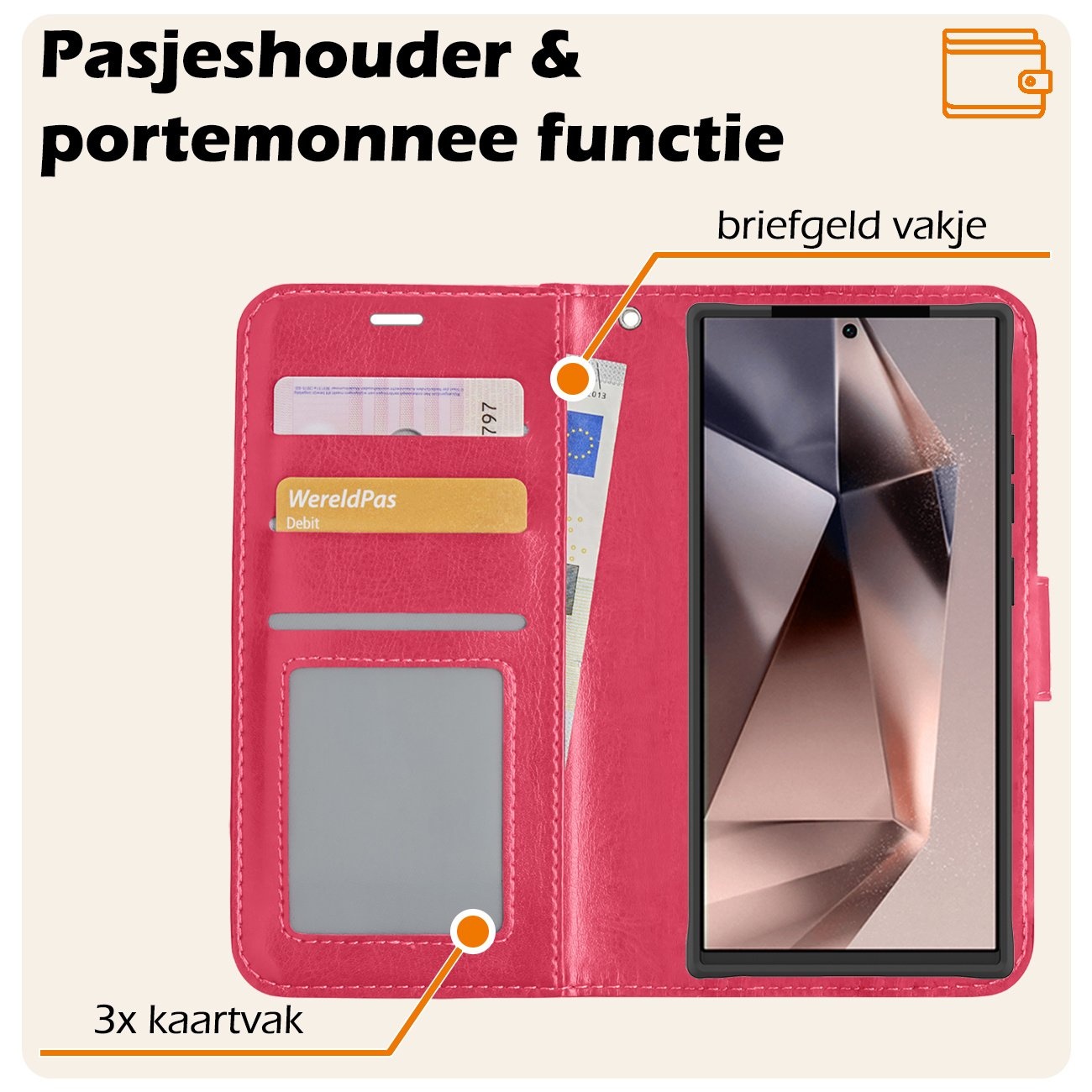 Nomfy Hoesje Geschikt voor Samsung S24 Ultra Hoes Bookcase Flipcase Book Cover Met 2x Screenprotector - Hoes Geschikt voor Samsung Galaxy S24 Ultra Hoesje Book Case - Donkerroze