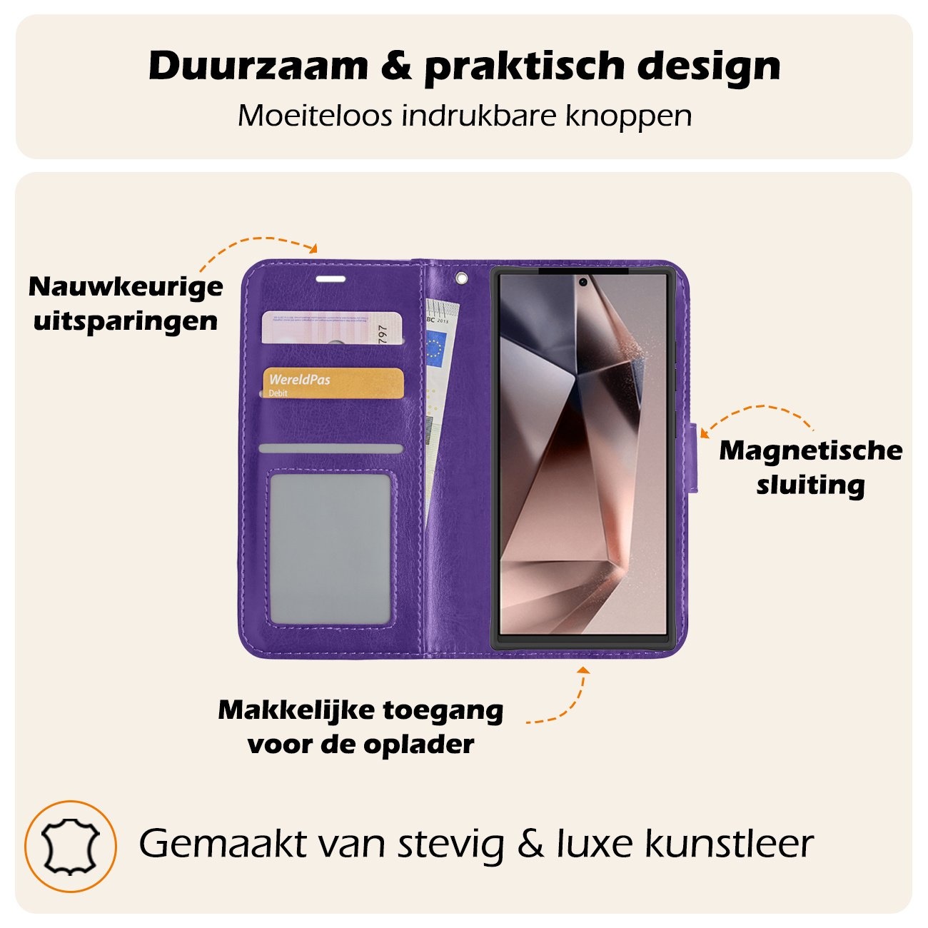 Nomfy Hoesje Geschikt voor Samsung S24 Ultra Hoes Bookcase Flipcase Book Cover Met 2x Screenprotector - Hoes Geschikt voor Samsung Galaxy S24 Ultra Hoesje Book Case - Paars