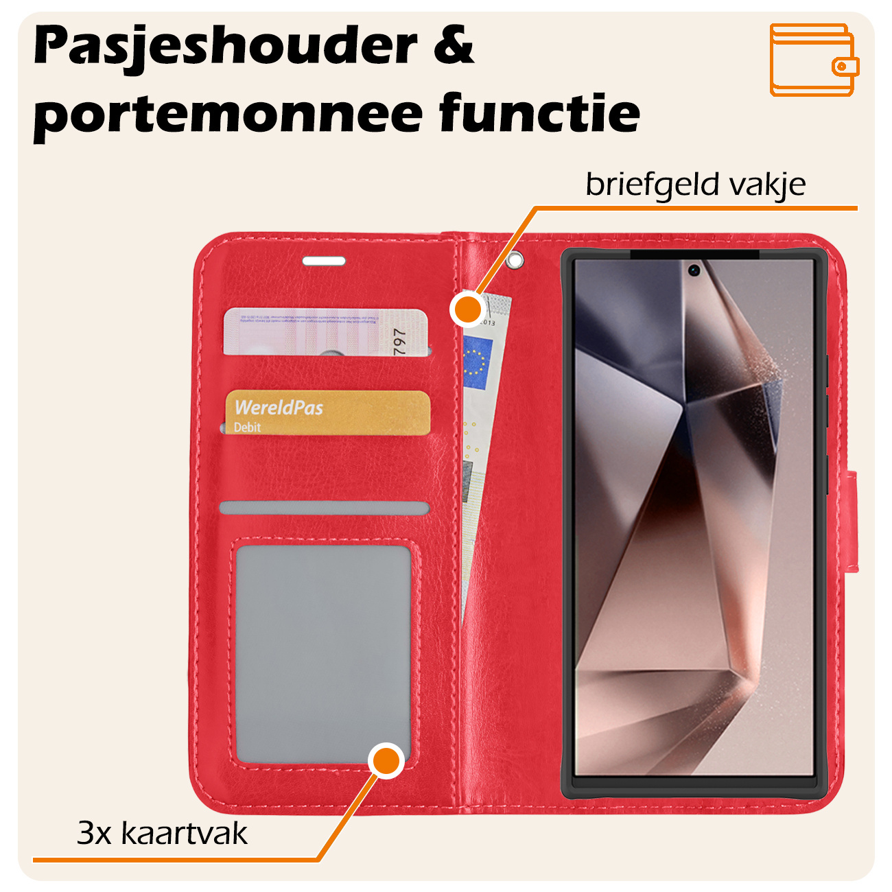 Nomfy Hoesje Geschikt voor Samsung S24 Ultra Hoes Bookcase Flipcase Book Cover Met 2x Screenprotector - Hoes Geschikt voor Samsung Galaxy S24 Ultra Hoesje Book Case - Rood