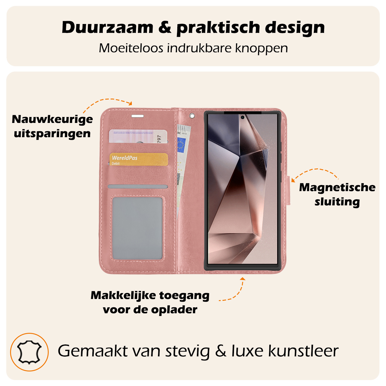 Nomfy Hoesje Geschikt voor Samsung S24 Ultra Hoes Bookcase Flipcase Book Cover Met 2x Screenprotector - Hoes Geschikt voor Samsung Galaxy S24 Ultra Hoesje Book Case - Rosé goud