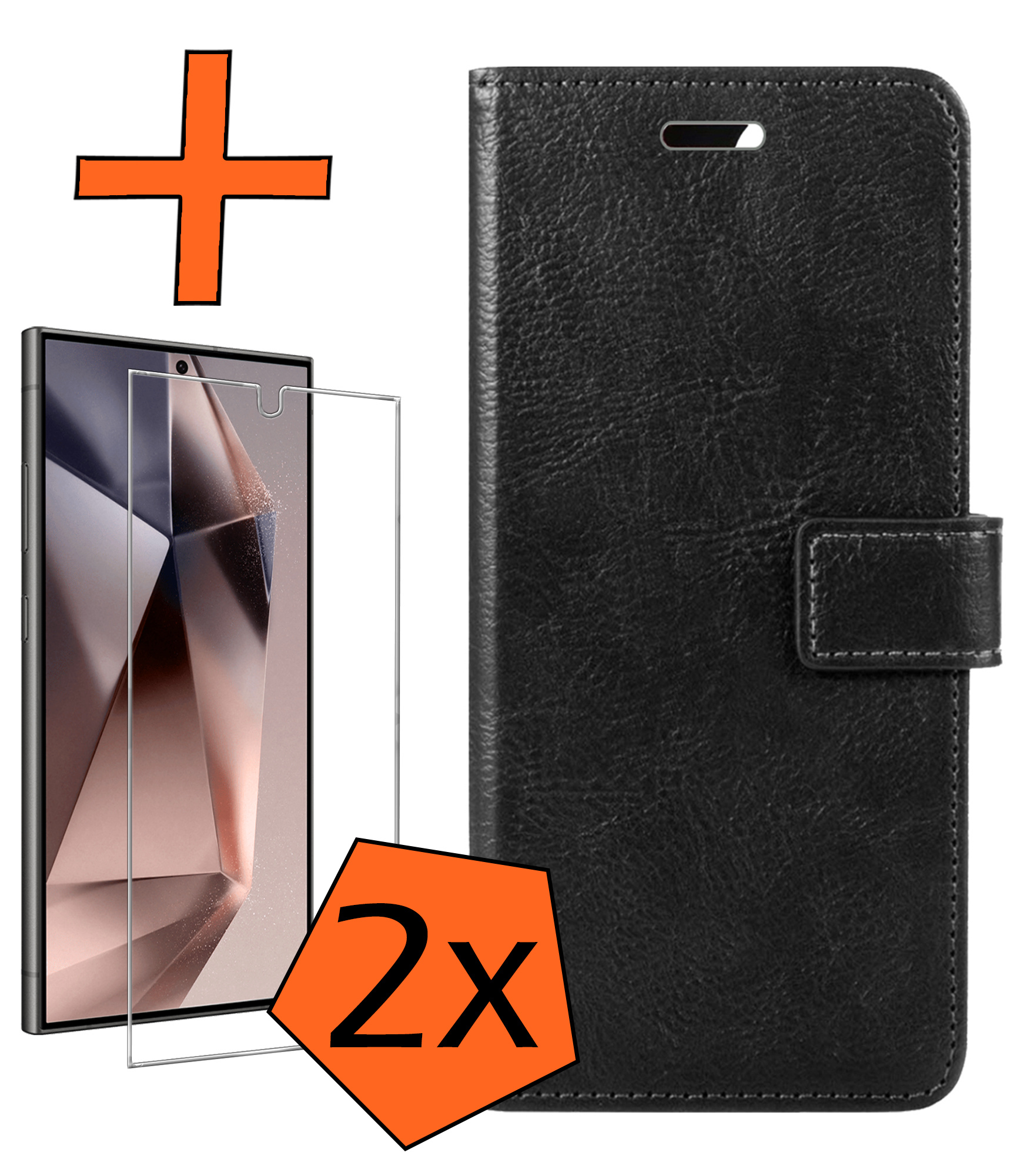 Nomfy Hoesje Geschikt voor Samsung S24 Ultra Hoes Bookcase Flipcase Book Cover Met 2x Screenprotector - Hoes Geschikt voor Samsung Galaxy S24 Ultra Hoesje Book Case - Zwart