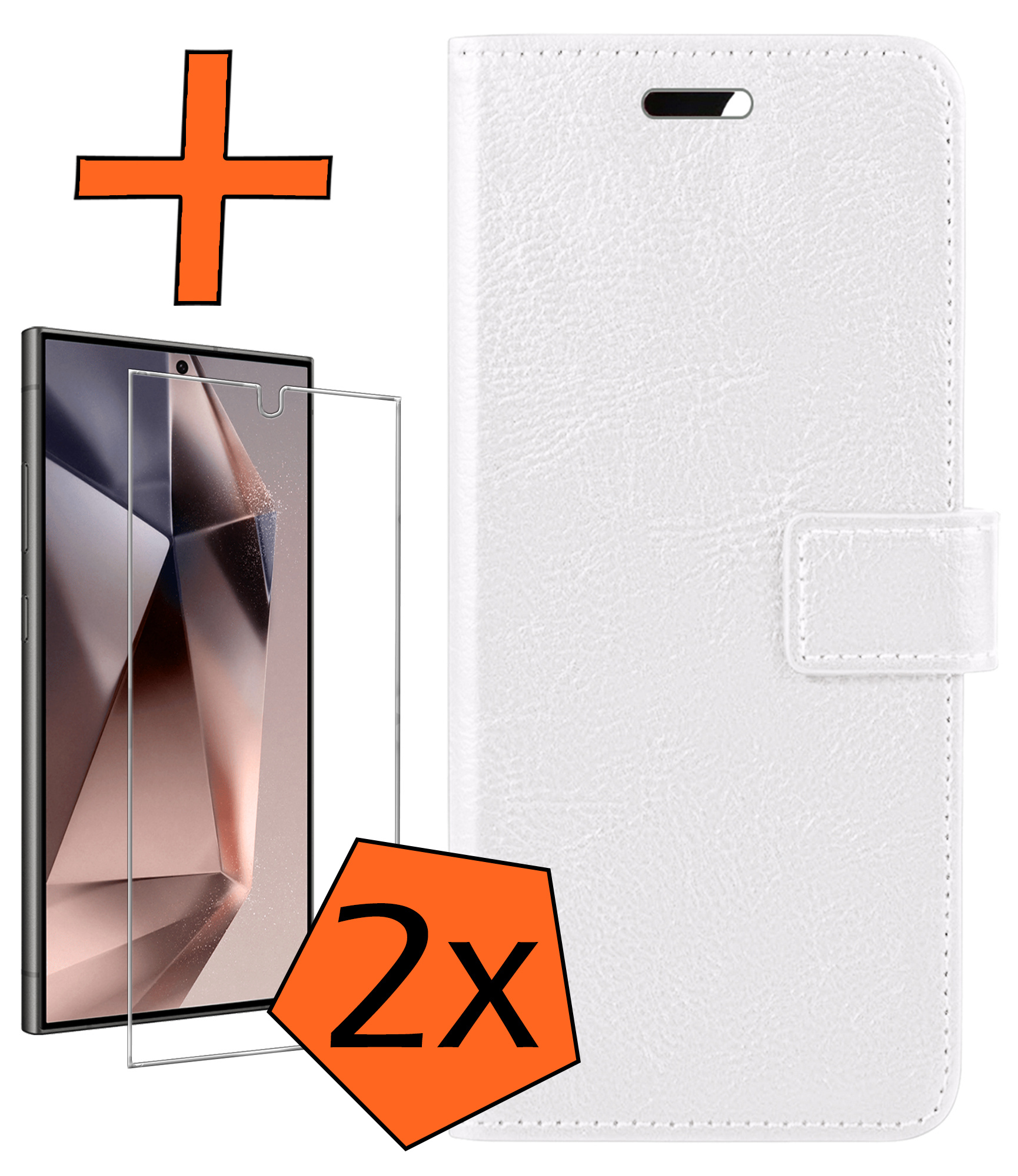 Nomfy Hoesje Geschikt voor Samsung S24 Ultra Hoes Bookcase Flipcase Book Cover Met 2x Screenprotector - Hoes Geschikt voor Samsung Galaxy S24 Ultra Hoesje Book Case - Wit