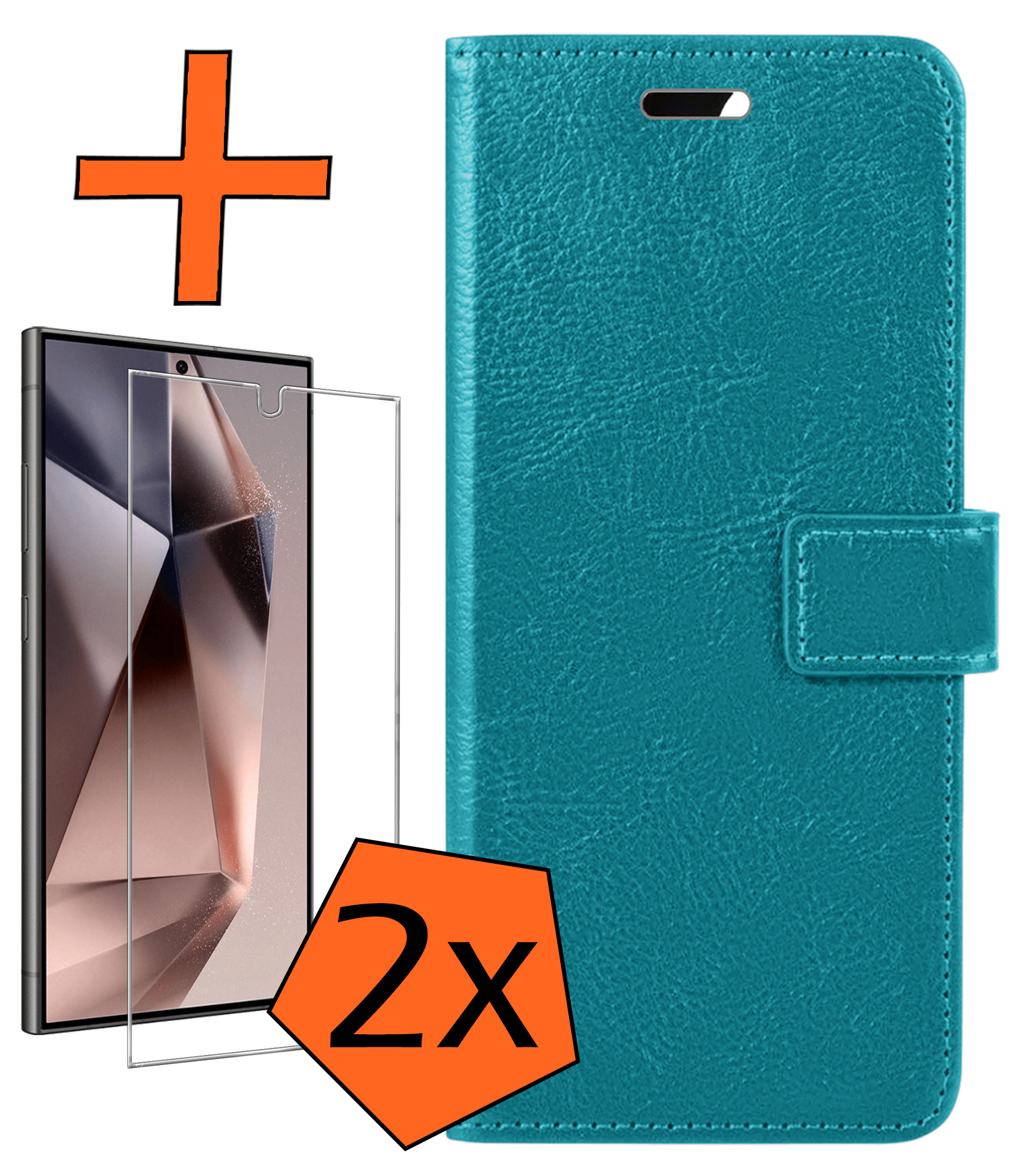 Nomfy Hoesje Geschikt voor Samsung S24 Ultra Hoes Bookcase Flipcase Book Cover Met 2x Screenprotector - Hoes Geschikt voor Samsung Galaxy S24 Ultra Hoesje Book Case - Turquoise