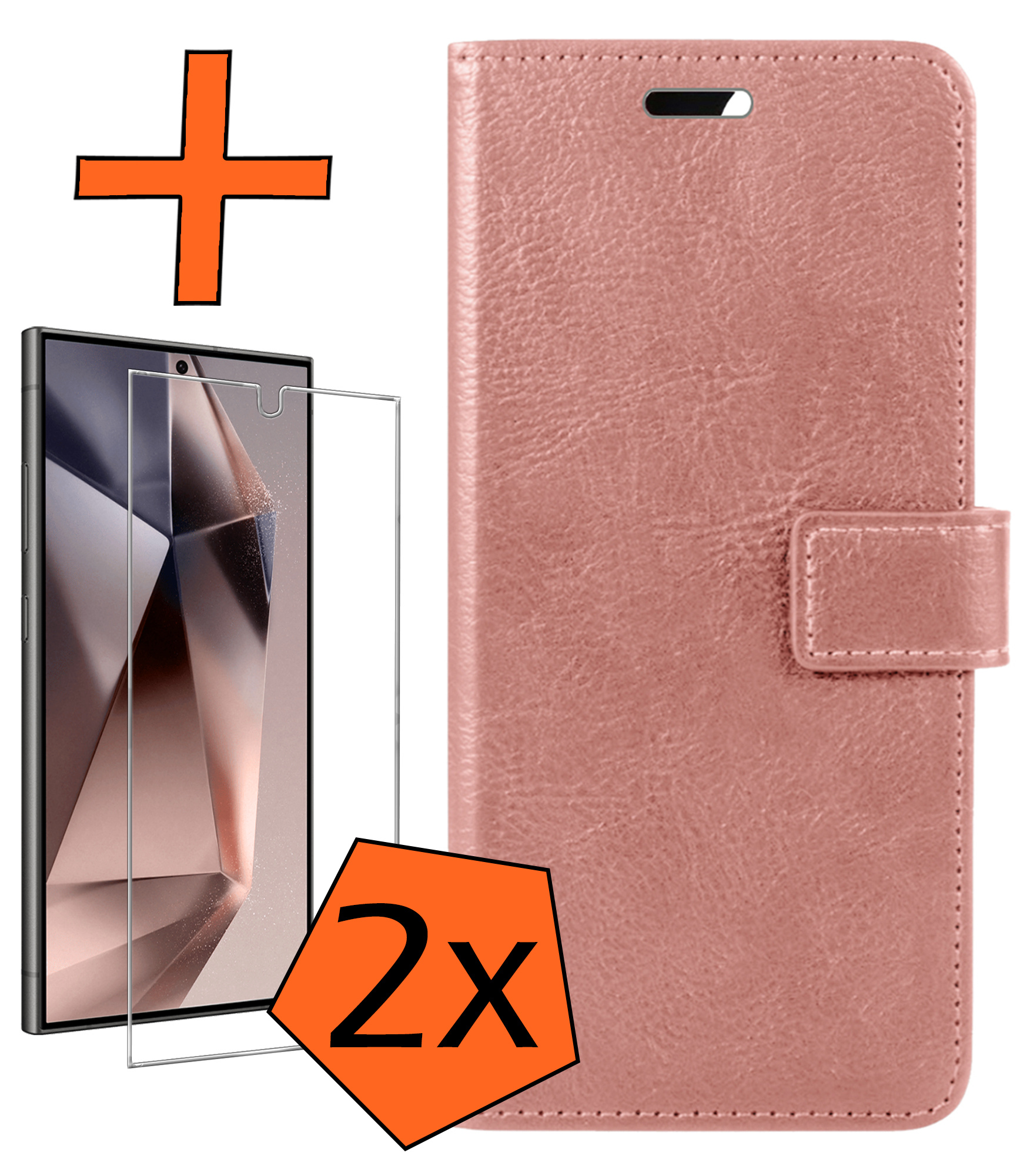 Nomfy Hoesje Geschikt voor Samsung S24 Ultra Hoes Bookcase Flipcase Book Cover Met 2x Screenprotector - Hoes Geschikt voor Samsung Galaxy S24 Ultra Hoesje Book Case - Rosé goud