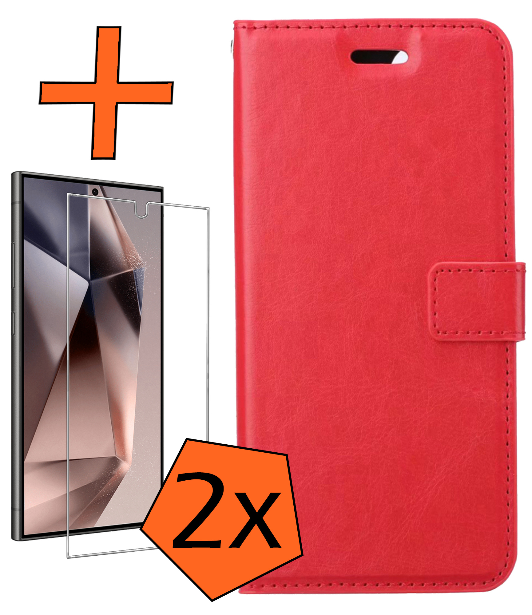 Nomfy Hoesje Geschikt voor Samsung S24 Ultra Hoes Bookcase Flipcase Book Cover Met 2x Screenprotector - Hoes Geschikt voor Samsung Galaxy S24 Ultra Hoesje Book Case - Rood