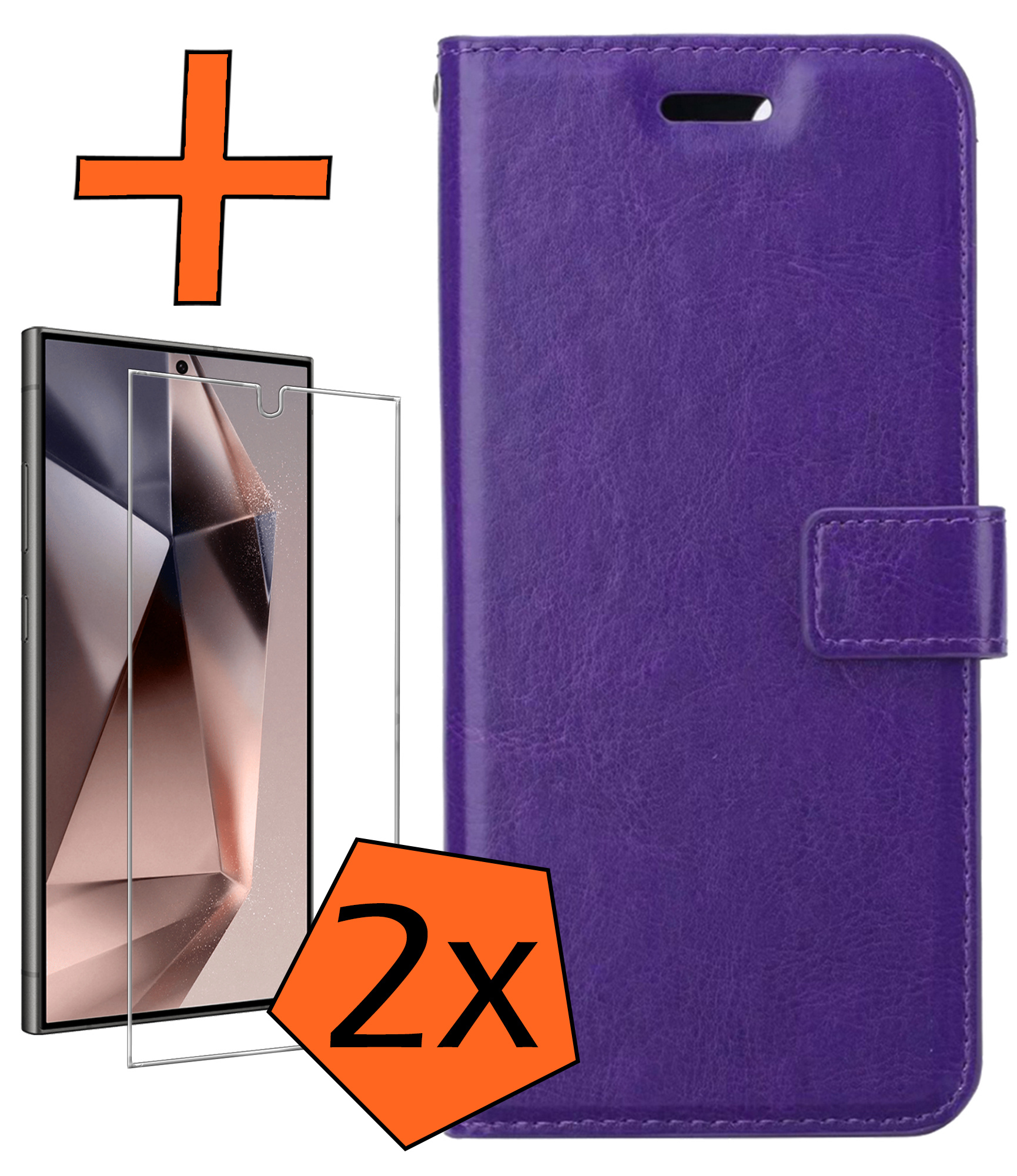 Nomfy Hoesje Geschikt voor Samsung S24 Ultra Hoes Bookcase Flipcase Book Cover Met 2x Screenprotector - Hoes Geschikt voor Samsung Galaxy S24 Ultra Hoesje Book Case - Paars