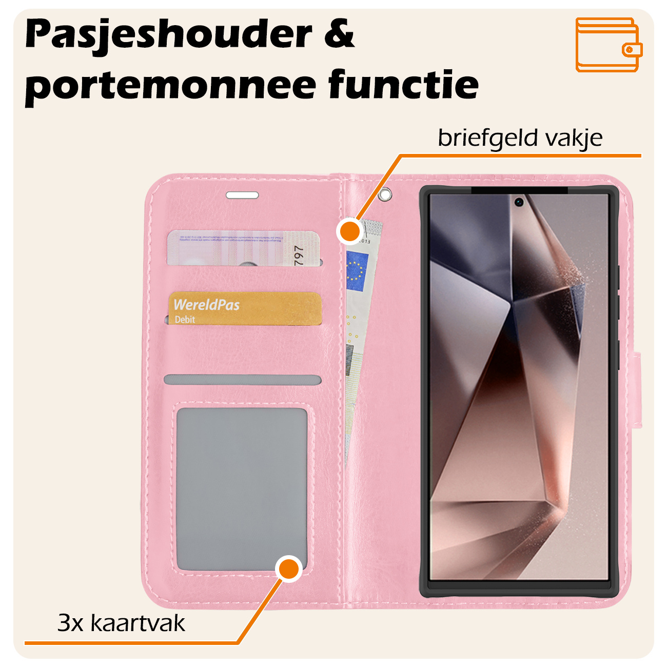 Nomfy Hoesje Geschikt voor Samsung S24 Ultra Hoes Bookcase Flipcase Book Cover Met 2x Screenprotector - Hoes Geschikt voor Samsung Galaxy S24 Ultra Hoesje Book Case - Lichtroze