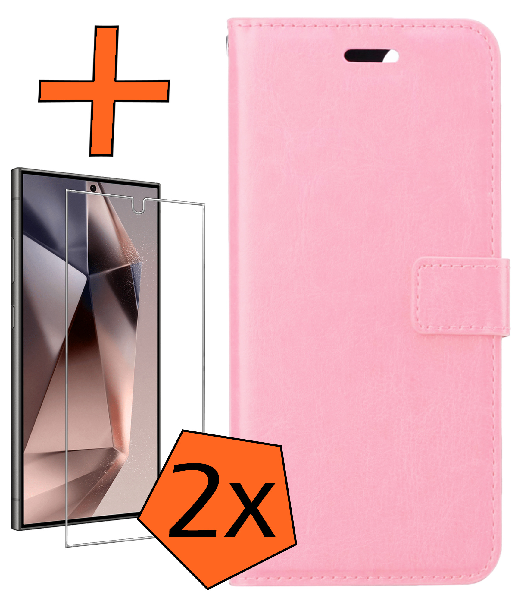 Nomfy Hoesje Geschikt voor Samsung S24 Ultra Hoes Bookcase Flipcase Book Cover Met 2x Screenprotector - Hoes Geschikt voor Samsung Galaxy S24 Ultra Hoesje Book Case - Lichtroze