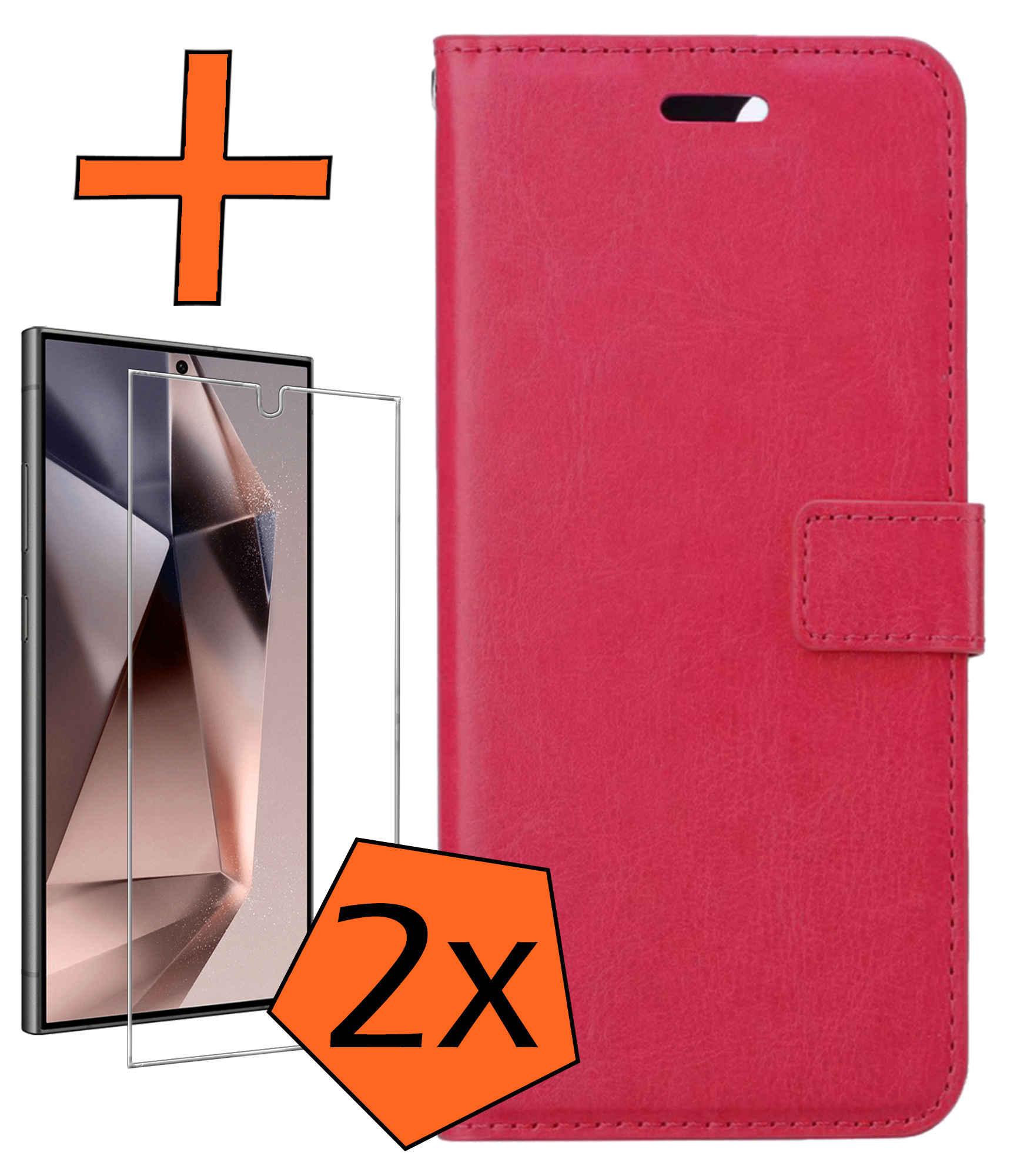 Nomfy Hoesje Geschikt voor Samsung S24 Ultra Hoes Bookcase Flipcase Book Cover Met 2x Screenprotector - Hoes Geschikt voor Samsung Galaxy S24 Ultra Hoesje Book Case - Donkerroze