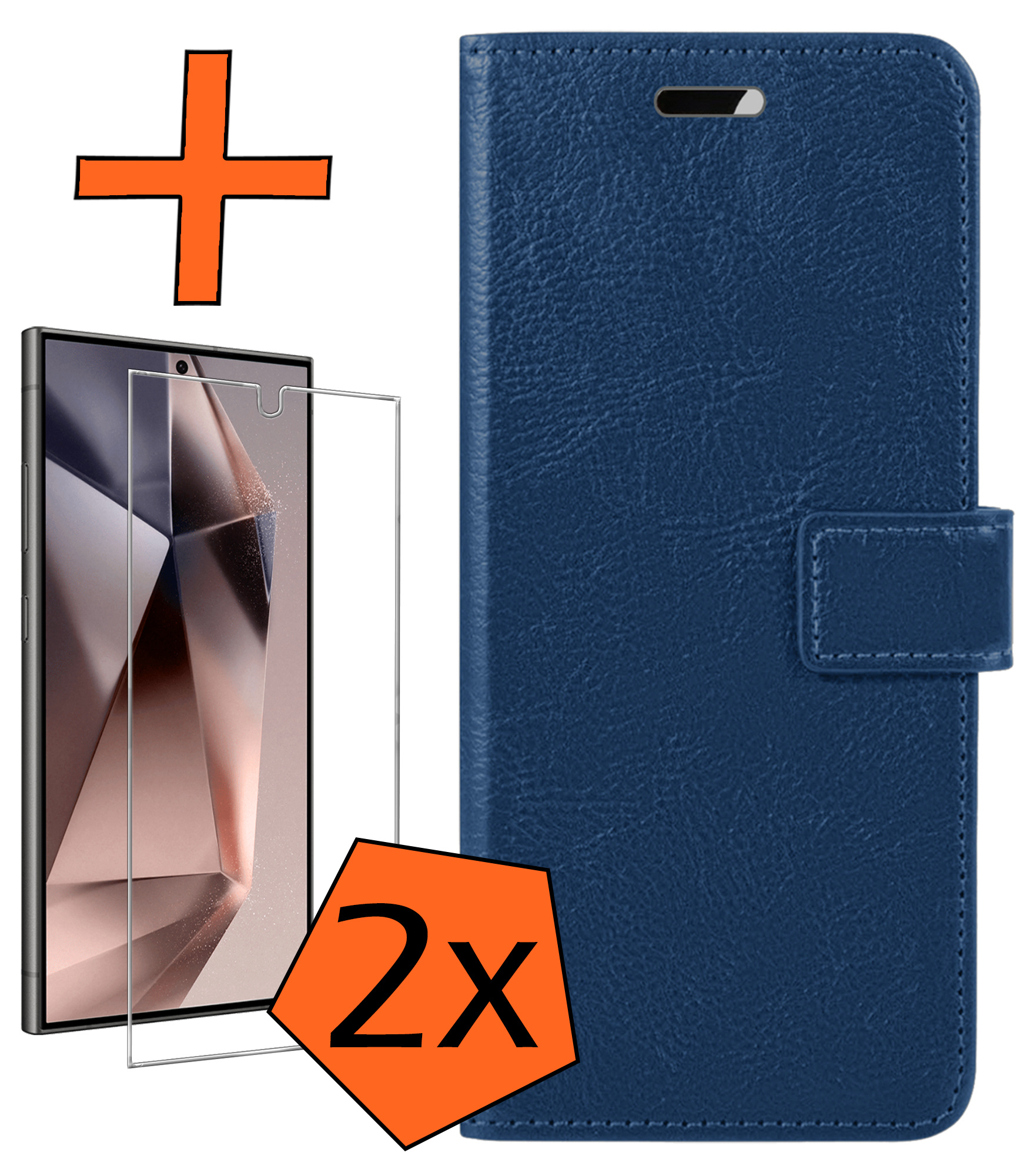 Nomfy Hoesje Geschikt voor Samsung S24 Ultra Hoes Bookcase Flipcase Book Cover Met 2x Screenprotector - Hoes Geschikt voor Samsung Galaxy S24 Ultra Hoesje Book Case - Donkerblauw