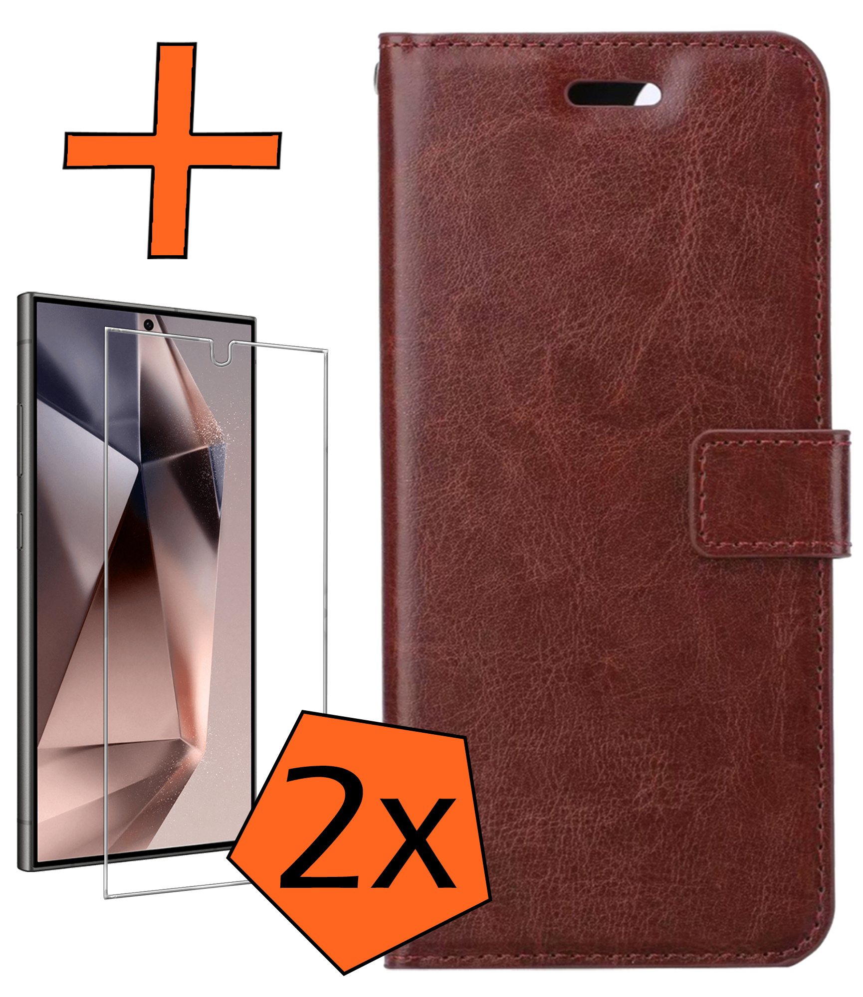 Nomfy Hoesje Geschikt voor Samsung S24 Ultra Hoes Bookcase Flipcase Book Cover Met 2x Screenprotector - Hoes Geschikt voor Samsung Galaxy S24 Ultra Hoesje Book Case - Bruin