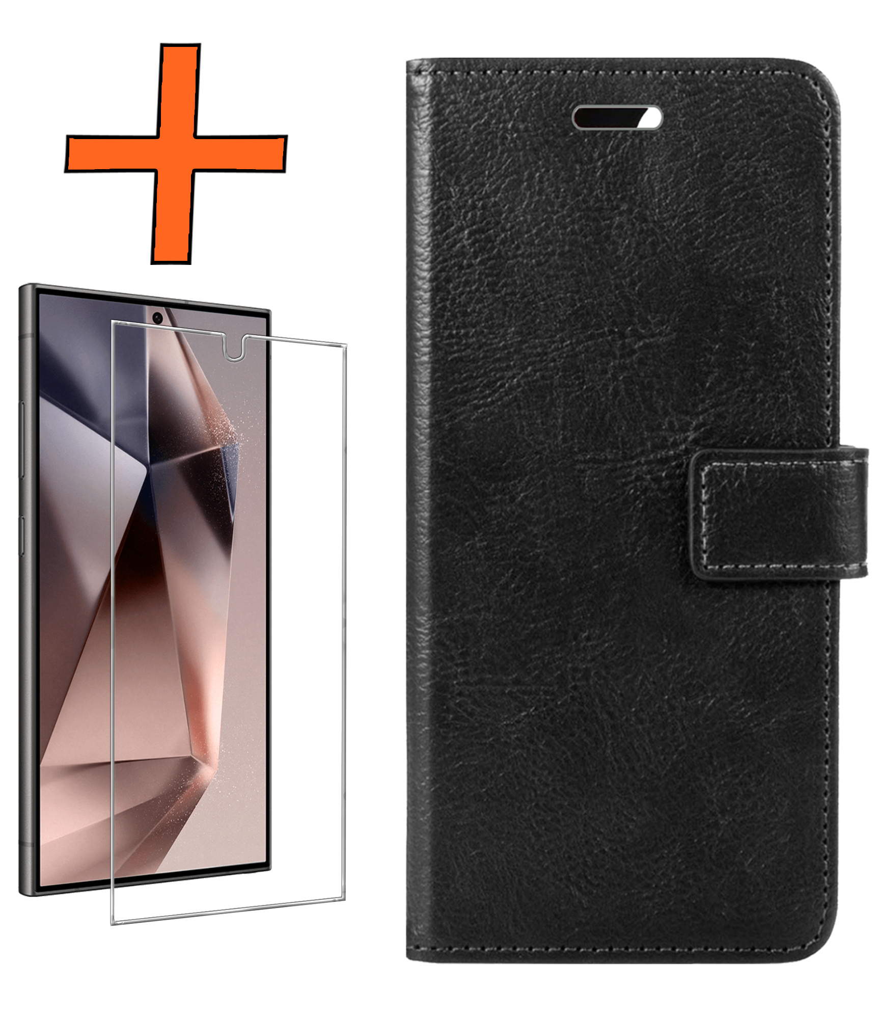 Nomfy Hoesje Geschikt voor Samsung S24 Ultra Hoes Bookcase Flipcase Book Cover Met Screenprotector - Hoes Geschikt voor Samsung Galaxy S24 Ultra Hoesje Book Case - Zwart