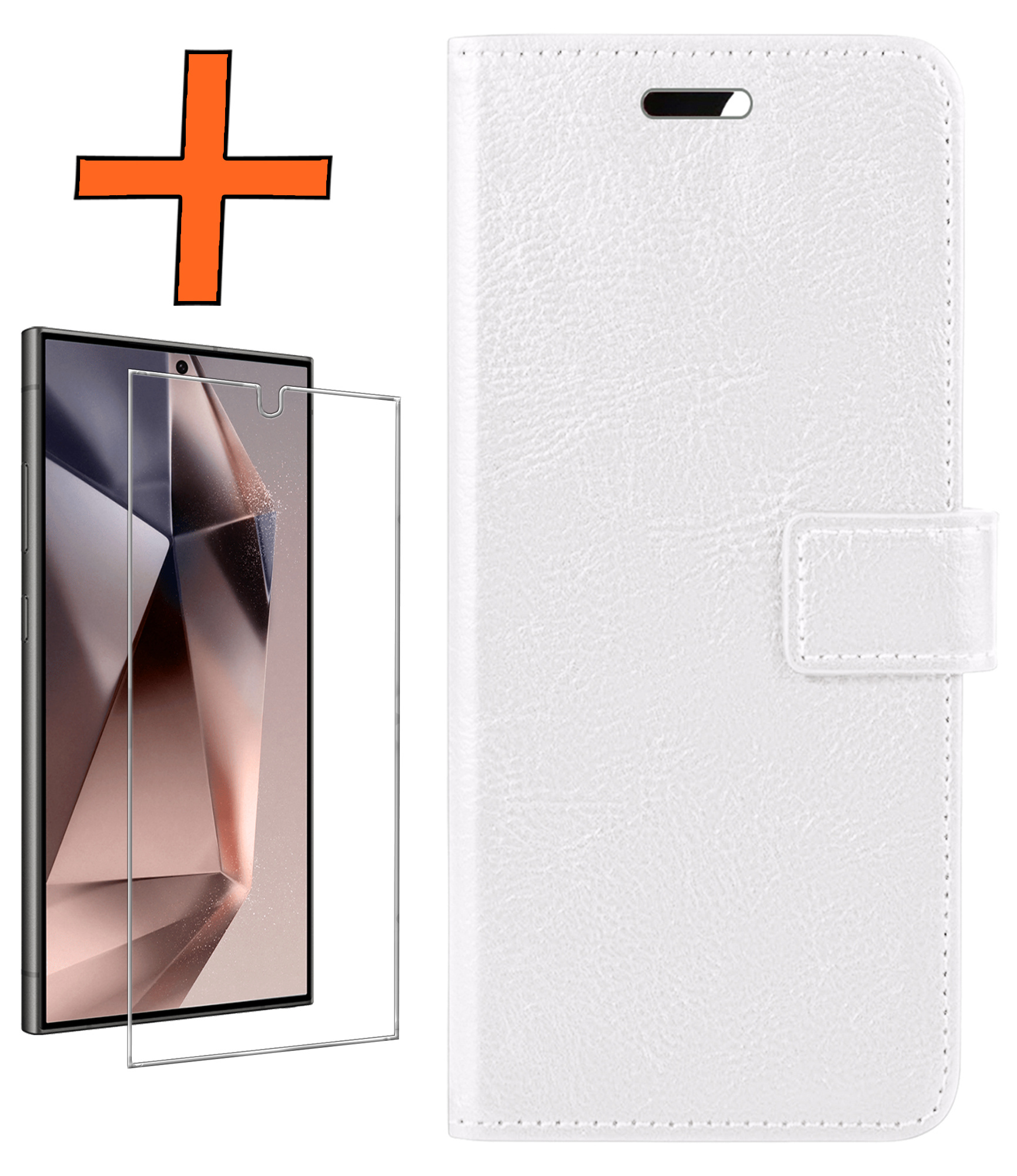 Nomfy Hoesje Geschikt voor Samsung S24 Ultra Hoes Bookcase Flipcase Book Cover Met Screenprotector - Hoes Geschikt voor Samsung Galaxy S24 Ultra Hoesje Book Case - Wit