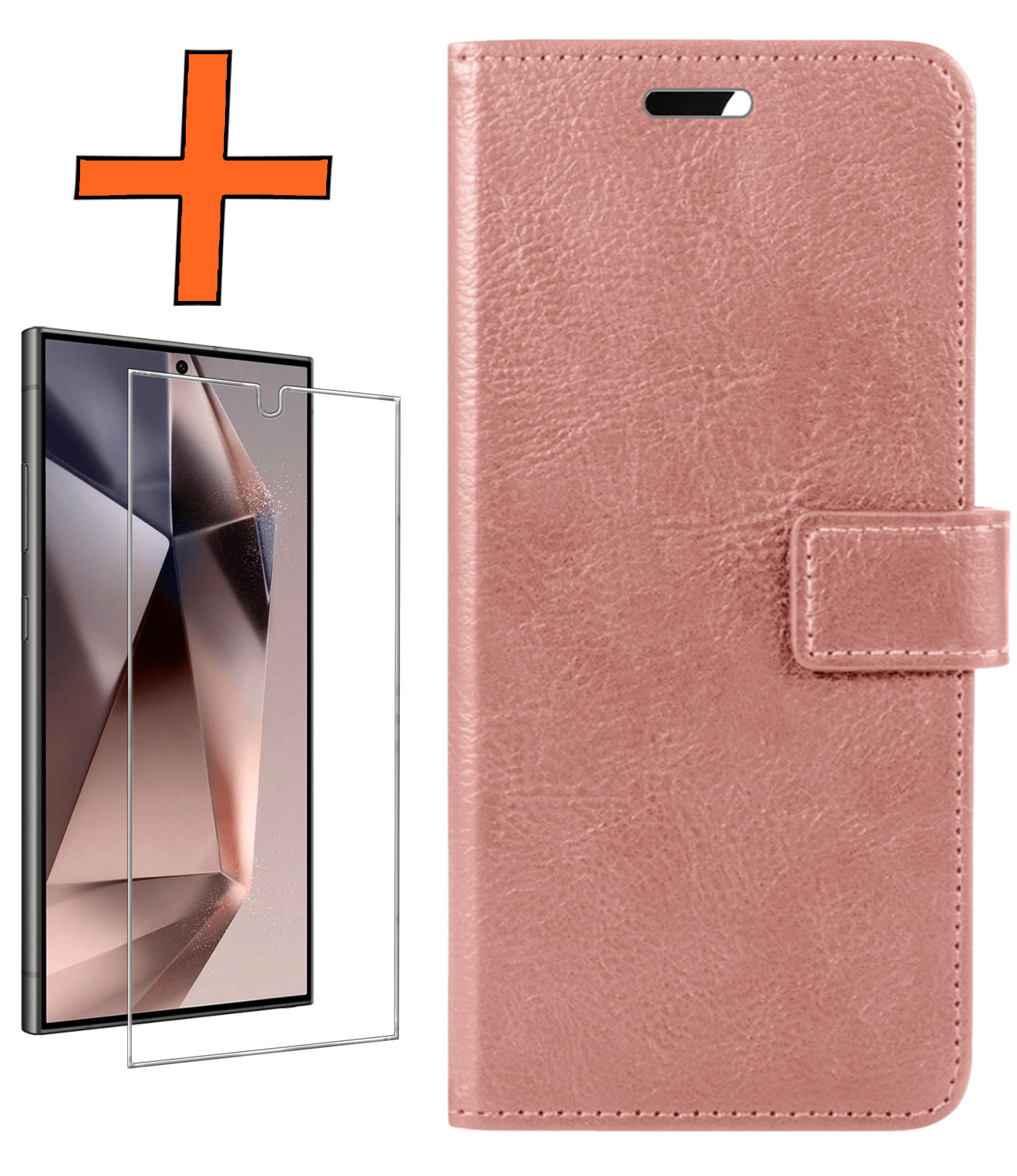 Nomfy Hoesje Geschikt voor Samsung S24 Ultra Hoes Bookcase Flipcase Book Cover Met Screenprotector - Hoes Geschikt voor Samsung Galaxy S24 Ultra Hoesje Book Case - Rosé goud
