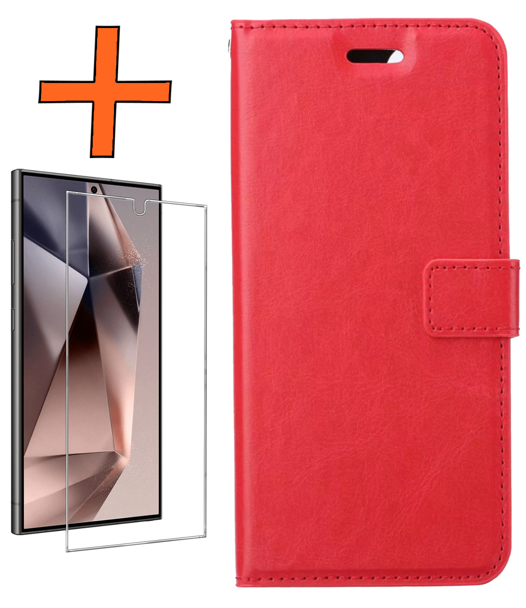 Nomfy Hoesje Geschikt voor Samsung S24 Ultra Hoes Bookcase Flipcase Book Cover Met Screenprotector - Hoes Geschikt voor Samsung Galaxy S24 Ultra Hoesje Book Case - Rood