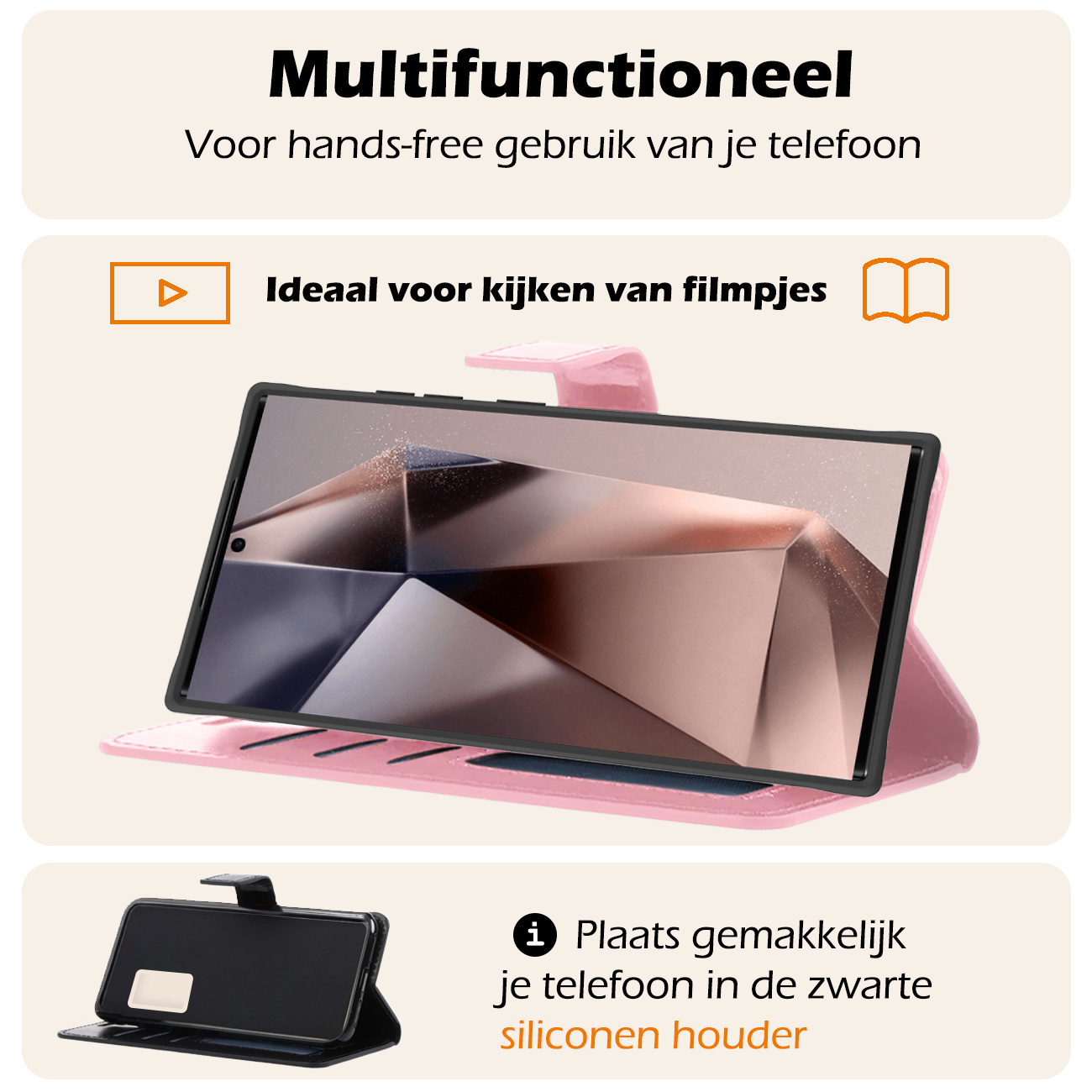 Nomfy Hoesje Geschikt voor Samsung S24 Ultra Hoes Bookcase Flipcase Book Cover Met Screenprotector - Hoes Geschikt voor Samsung Galaxy S24 Ultra Hoesje Book Case - Lichtroze