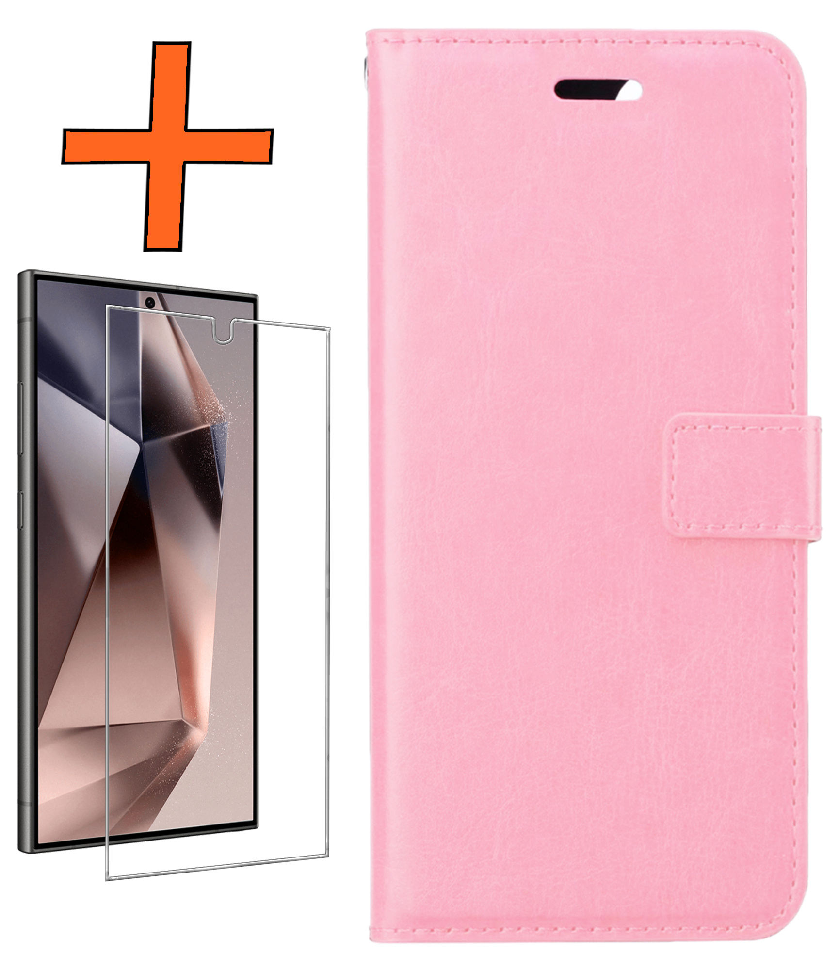 Nomfy Hoesje Geschikt voor Samsung S24 Ultra Hoes Bookcase Flipcase Book Cover Met Screenprotector - Hoes Geschikt voor Samsung Galaxy S24 Ultra Hoesje Book Case - Lichtroze