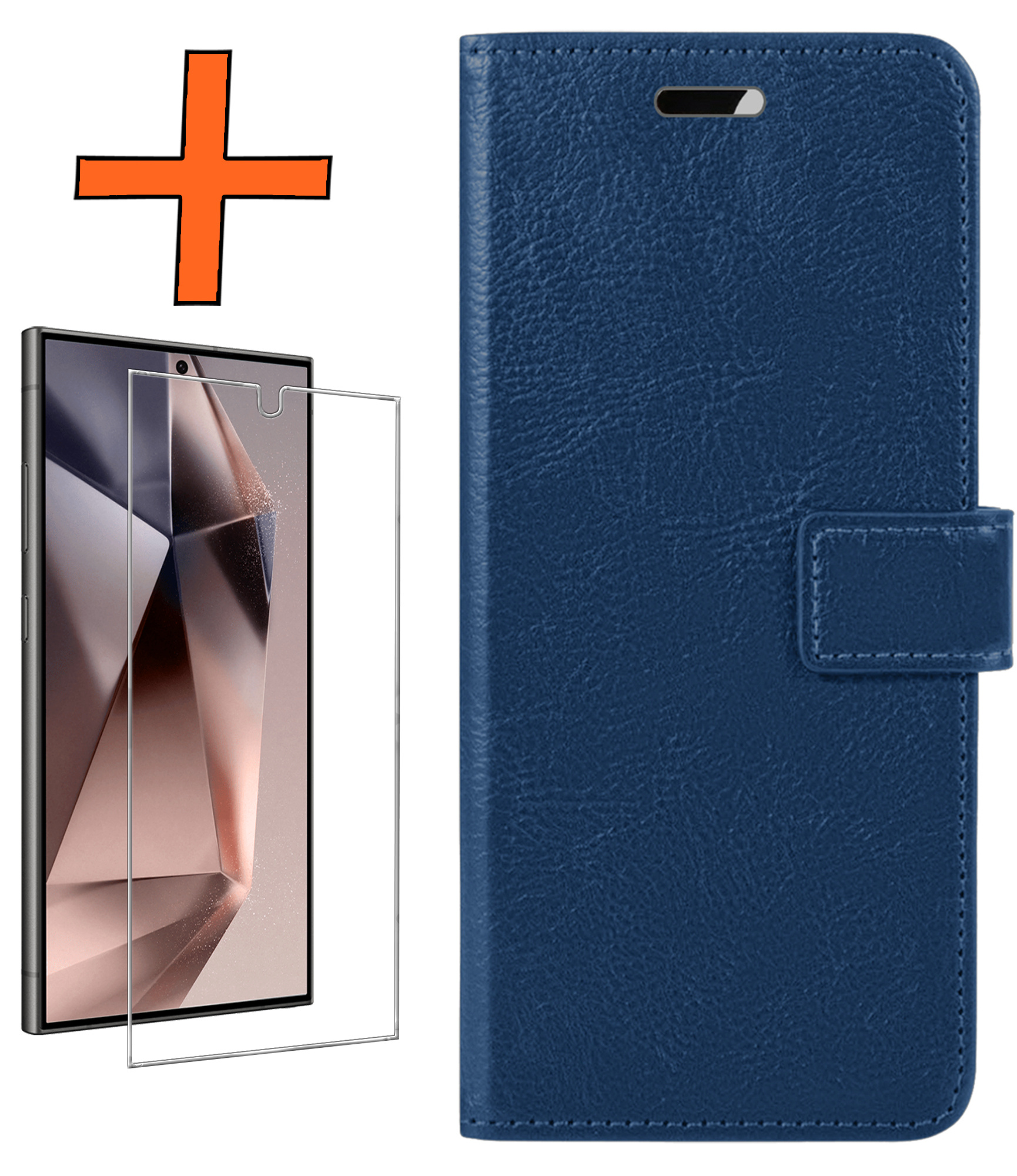 Nomfy Hoesje Geschikt voor Samsung S24 Ultra Hoes Bookcase Flipcase Book Cover Met Screenprotector - Hoes Geschikt voor Samsung Galaxy S24 Ultra Hoesje Book Case - Donkerblauw