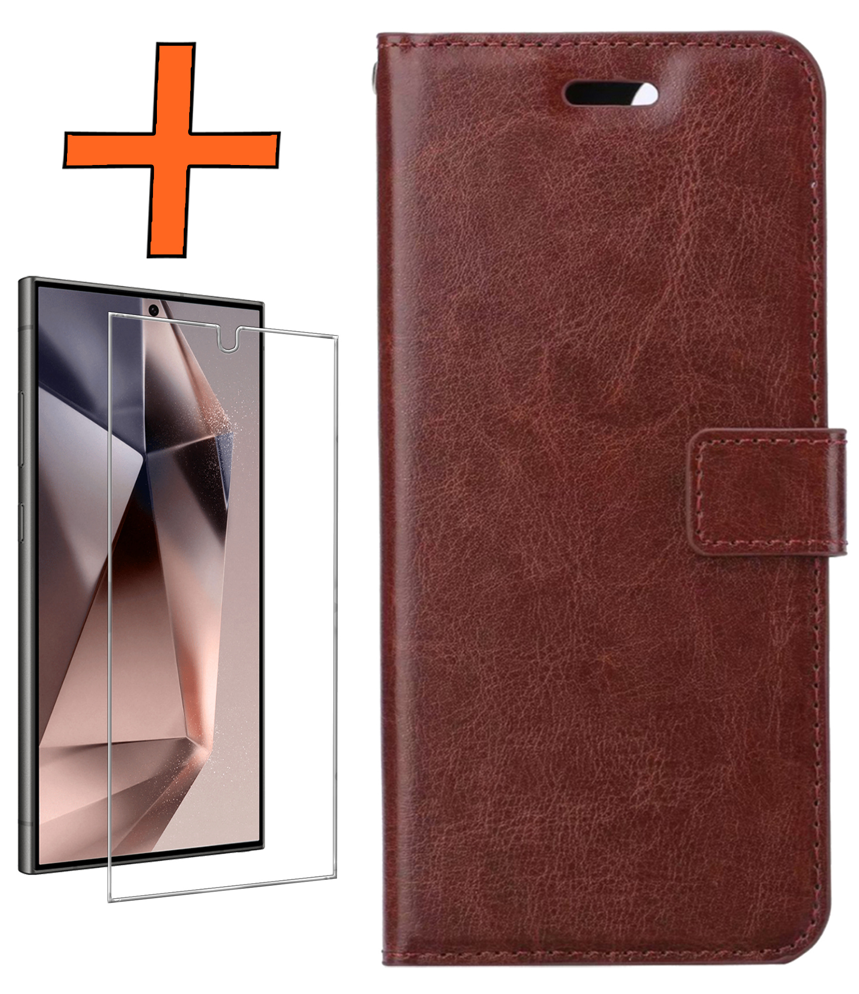 Nomfy Hoesje Geschikt voor Samsung S24 Ultra Hoes Bookcase Flipcase Book Cover Met Screenprotector - Hoes Geschikt voor Samsung Galaxy S24 Ultra Hoesje Book Case - Bruin