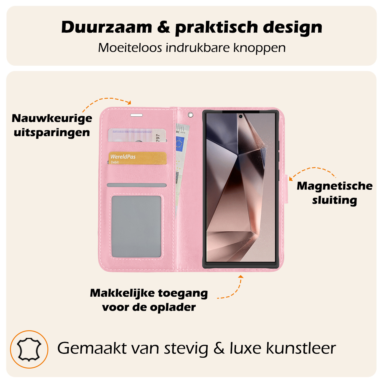 Nomfy Hoesje Geschikt voor Samsung S24 Ultra Hoes Bookcase Flipcase Book Cover - Hoes Geschikt voor Samsung Galaxy S24 Ultra Hoesje Book Case - Lichtroze