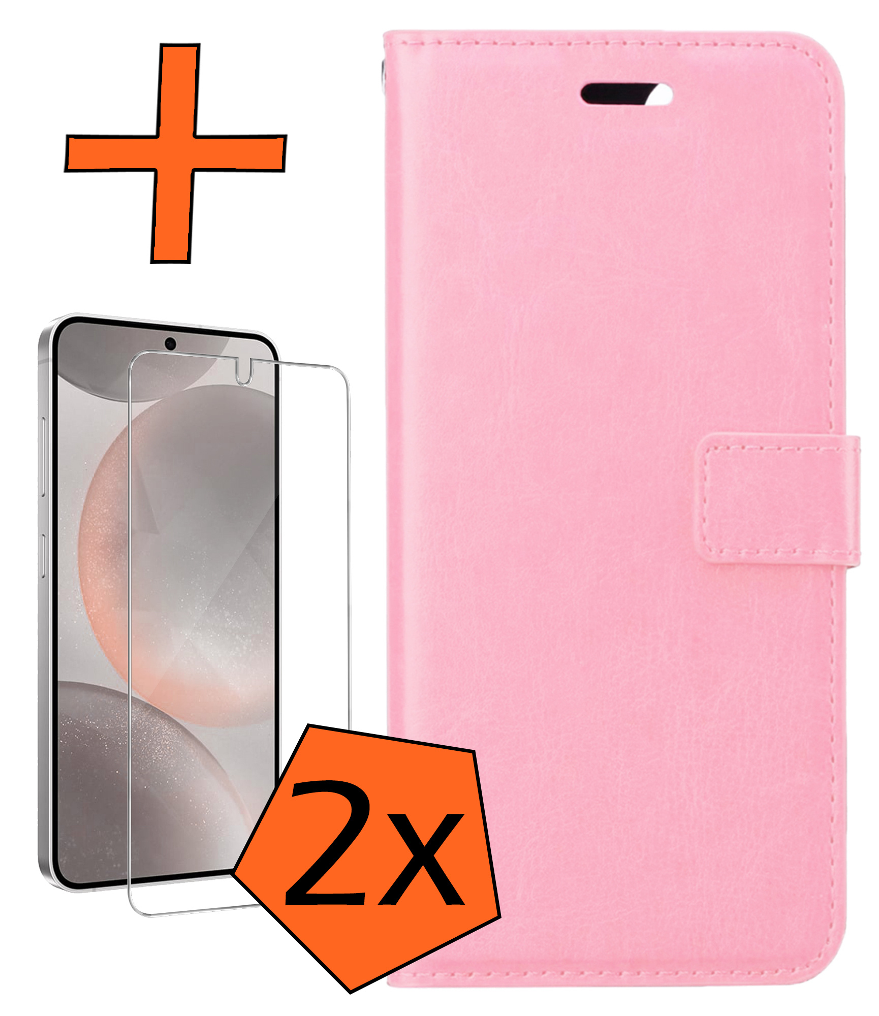 Nomfy Hoesje Geschikt voor Samsung S24 Plus Hoes Bookcase Flipcase Book Cover Met 2x Screenprotector - Hoes Geschikt voor Samsung Galaxy S24 Plus Hoesje Book Case - Lichtroze