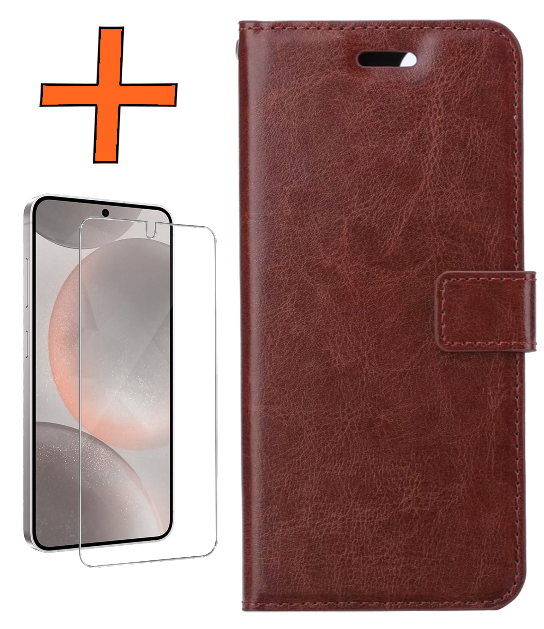 Nomfy Hoesje Geschikt voor Samsung S24 Plus Hoes Bookcase Flipcase Book Cover Met Screenprotector - Hoes Geschikt voor Samsung Galaxy S24 Plus Hoesje Book Case - Bruin