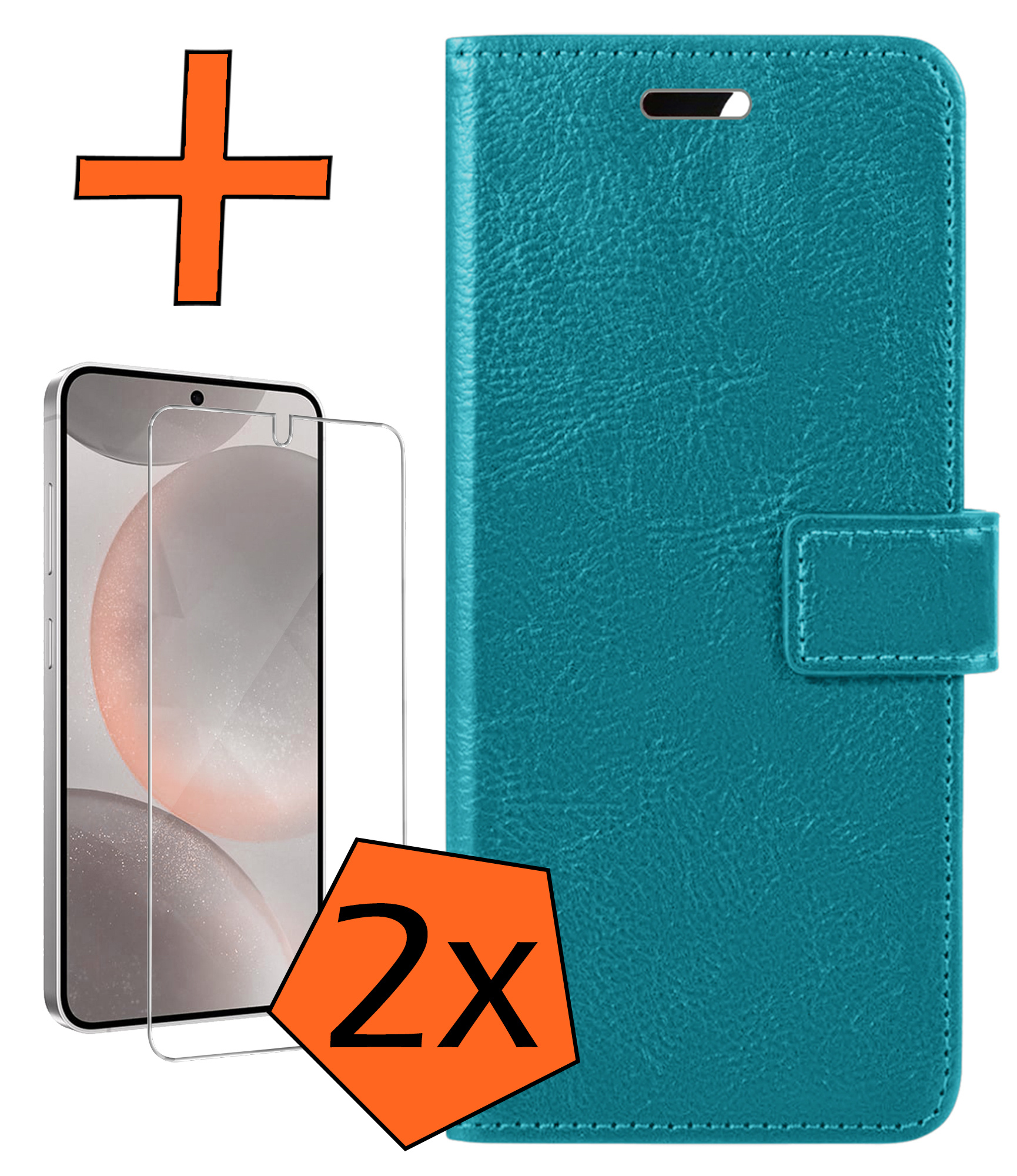 Nomfy Hoesje Geschikt voor Samsung S24 Hoes Bookcase Flipcase Book Cover Met 2x Screenprotector - Hoes Geschikt voor Samsung Galaxy S24 Hoesje Book Case - Turquoise