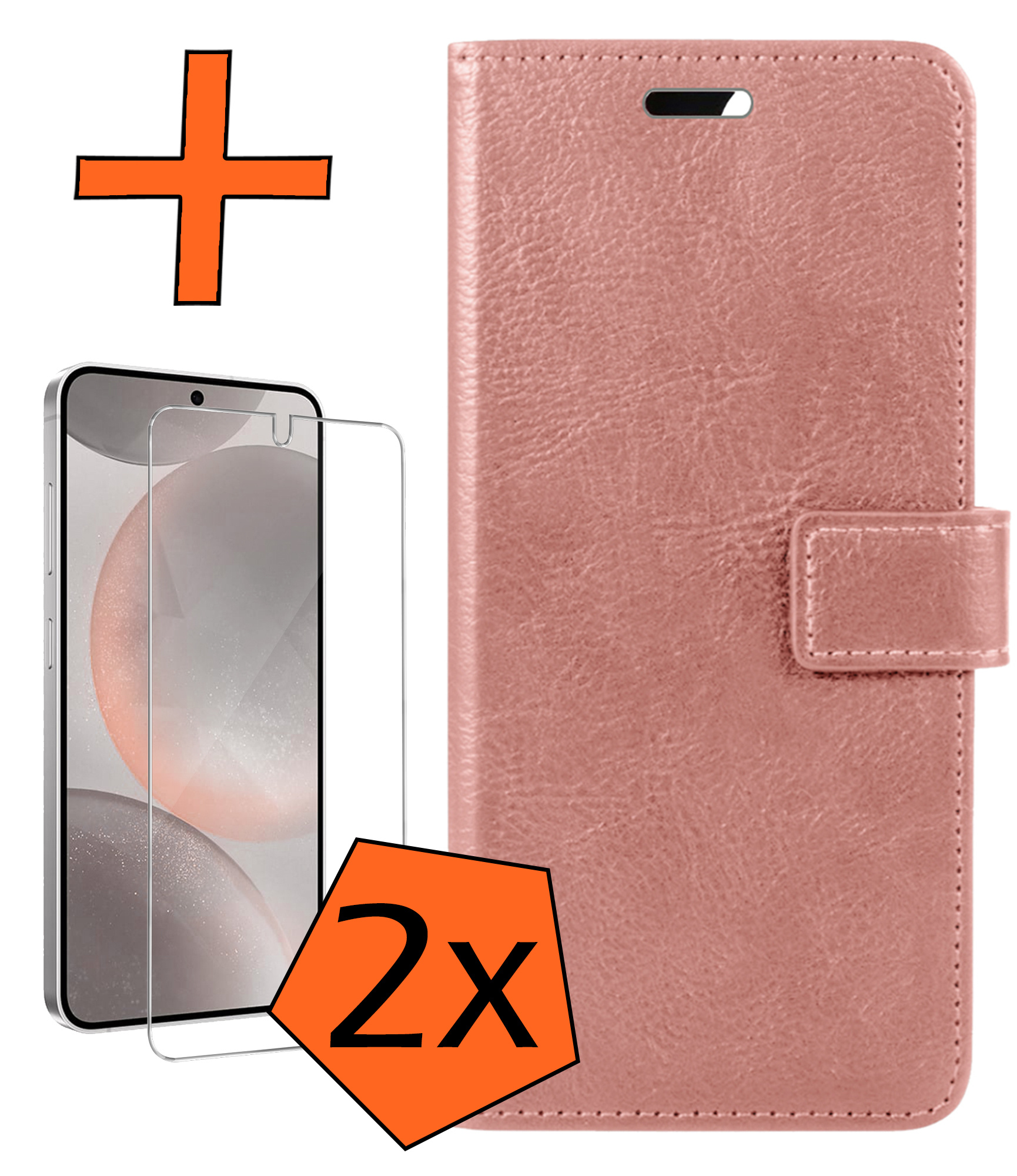 Nomfy Hoesje Geschikt voor Samsung S24 Hoes Bookcase Flipcase Book Cover Met 2x Screenprotector - Hoes Geschikt voor Samsung Galaxy S24 Hoesje Book Case - Rosé goud