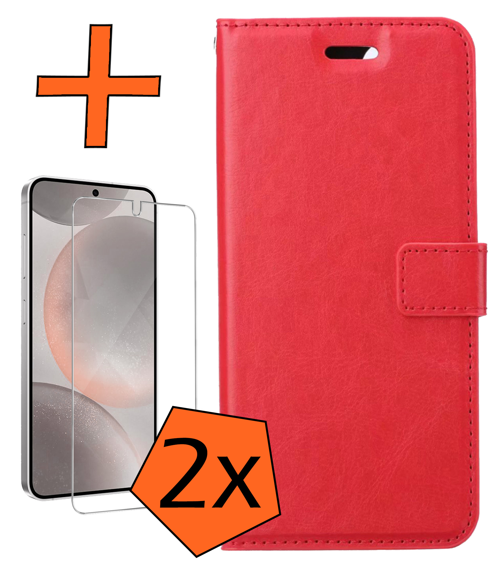 Nomfy Hoesje Geschikt voor Samsung S24 Hoes Bookcase Flipcase Book Cover Met 2x Screenprotector - Hoes Geschikt voor Samsung Galaxy S24 Hoesje Book Case - Rood