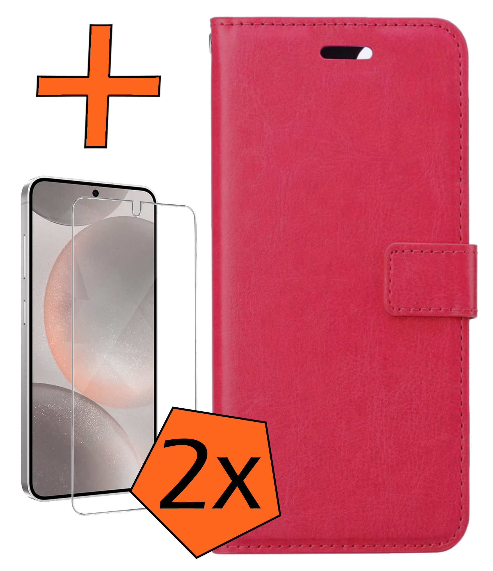Nomfy Hoesje Geschikt voor Samsung S24 Hoes Bookcase Flipcase Book Cover Met 2x Screenprotector - Hoes Geschikt voor Samsung Galaxy S24 Hoesje Book Case - Donkerroze