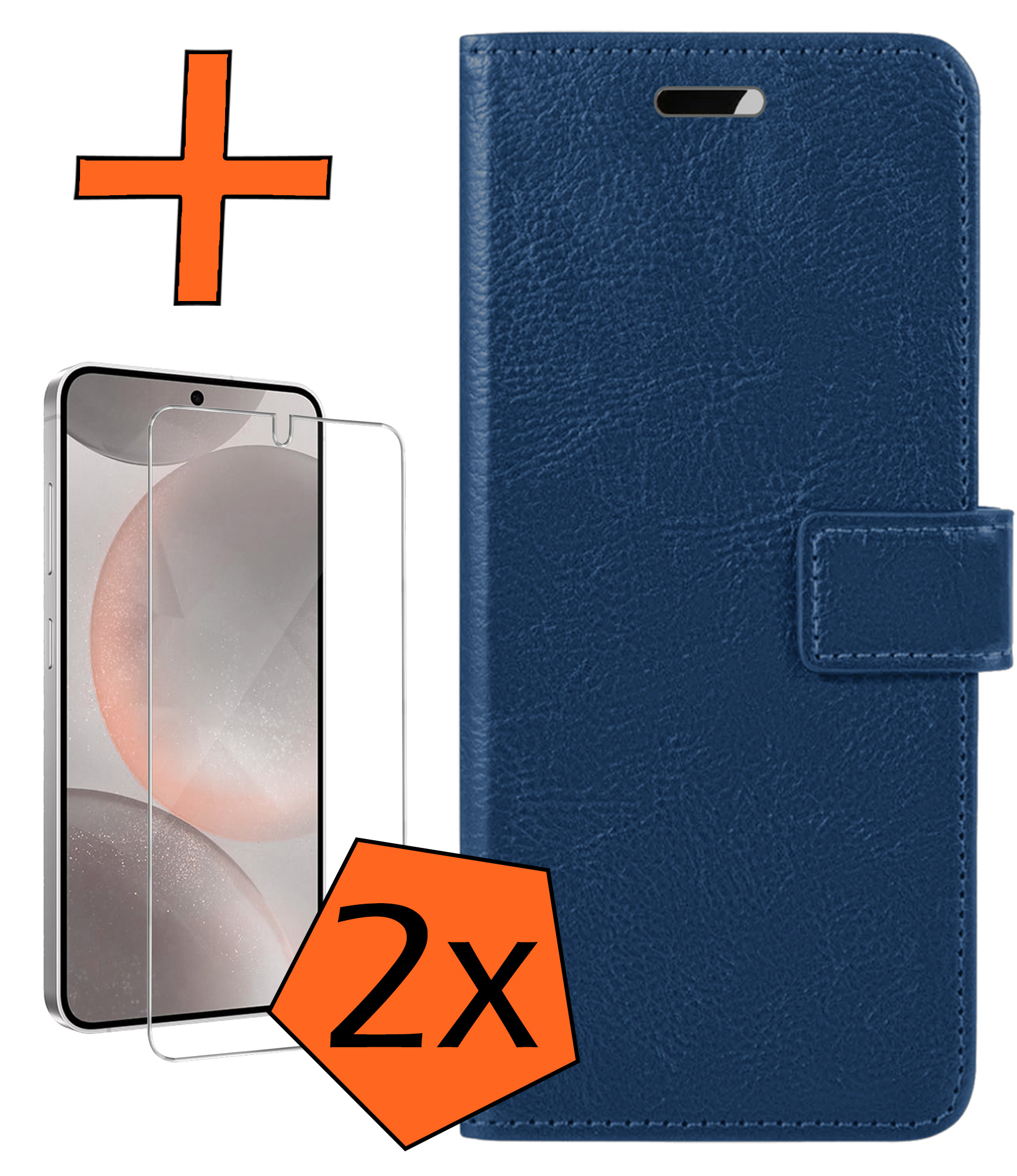 Nomfy Hoesje Geschikt voor Samsung S24 Hoes Bookcase Flipcase Book Cover Met 2x Screenprotector - Hoes Geschikt voor Samsung Galaxy S24 Hoesje Book Case - Donkerblauw