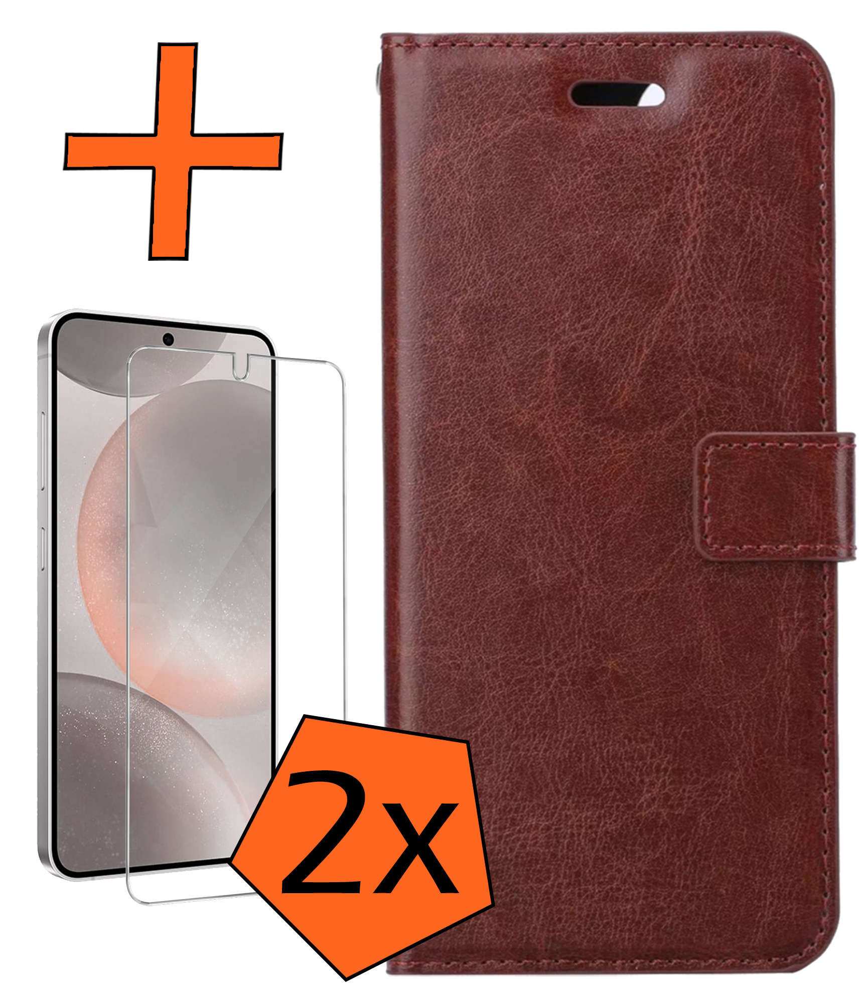 Nomfy Hoesje Geschikt voor Samsung S24 Hoes Bookcase Flipcase Book Cover Met 2x Screenprotector - Hoes Geschikt voor Samsung Galaxy S24 Hoesje Book Case - Bruin
