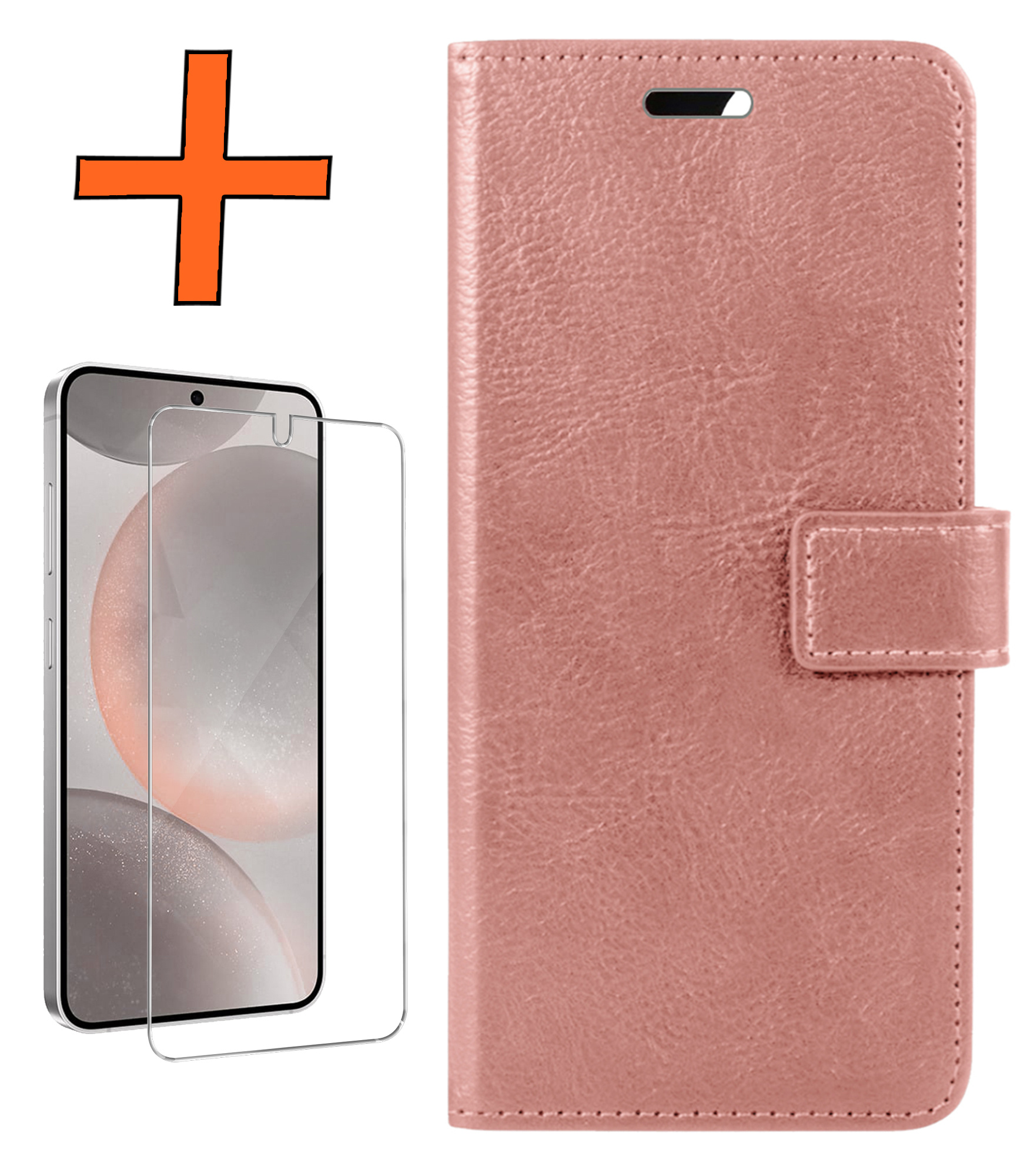 Nomfy Hoesje Geschikt voor Samsung S24 Hoes Bookcase Flipcase Book Cover Met Screenprotector - Hoes Geschikt voor Samsung Galaxy S24 Hoesje Book Case - Rosé goud