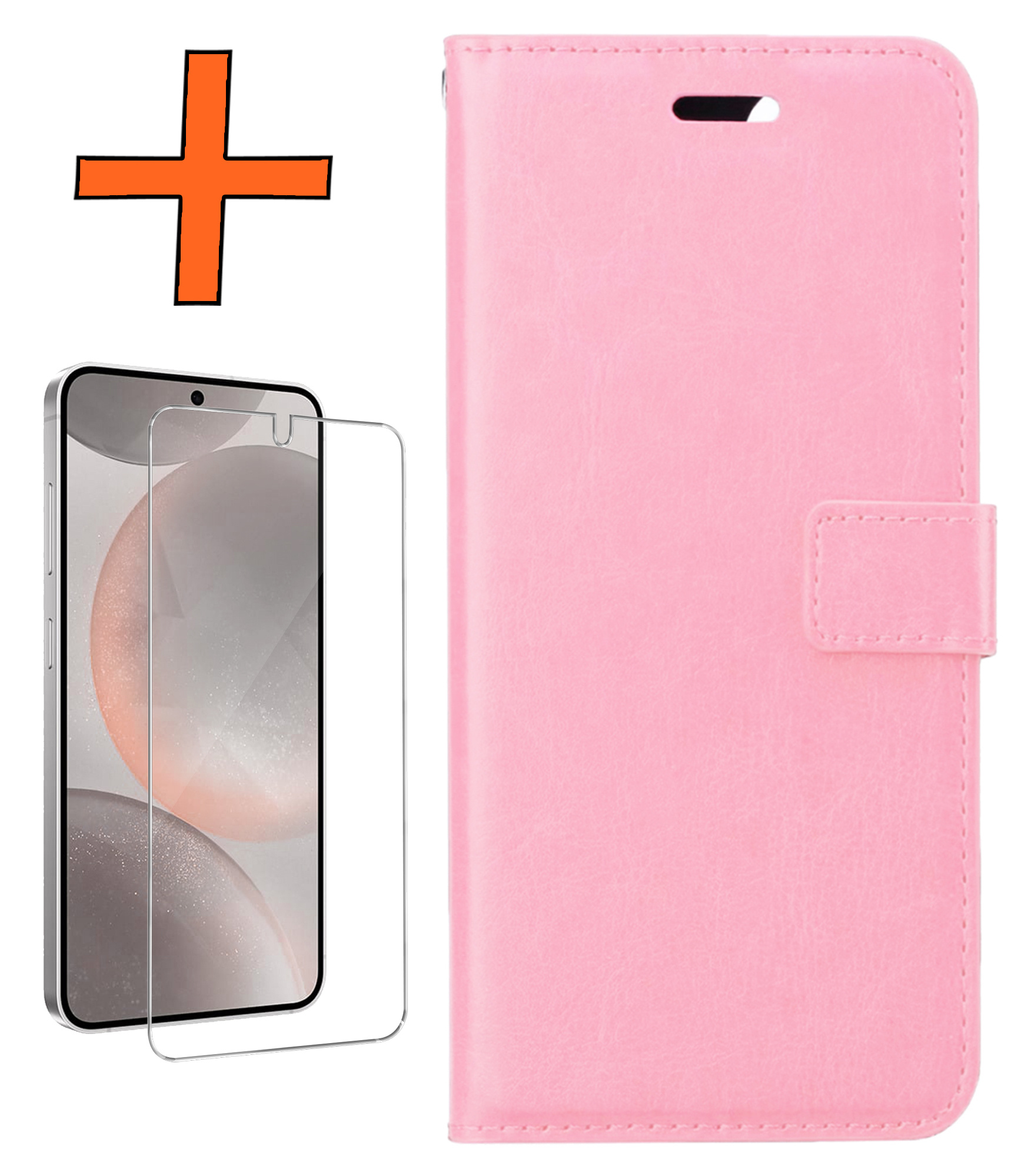 Nomfy Hoesje Geschikt voor Samsung S24 Hoes Bookcase Flipcase Book Cover Met Screenprotector - Hoes Geschikt voor Samsung Galaxy S24 Hoesje Book Case - Lichtroze