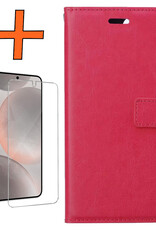 Nomfy Hoesje Geschikt voor Samsung S24 Hoes Bookcase Flipcase Book Cover Met Screenprotector - Hoes Geschikt voor Samsung Galaxy S24 Hoesje Book Case - Donkerroze