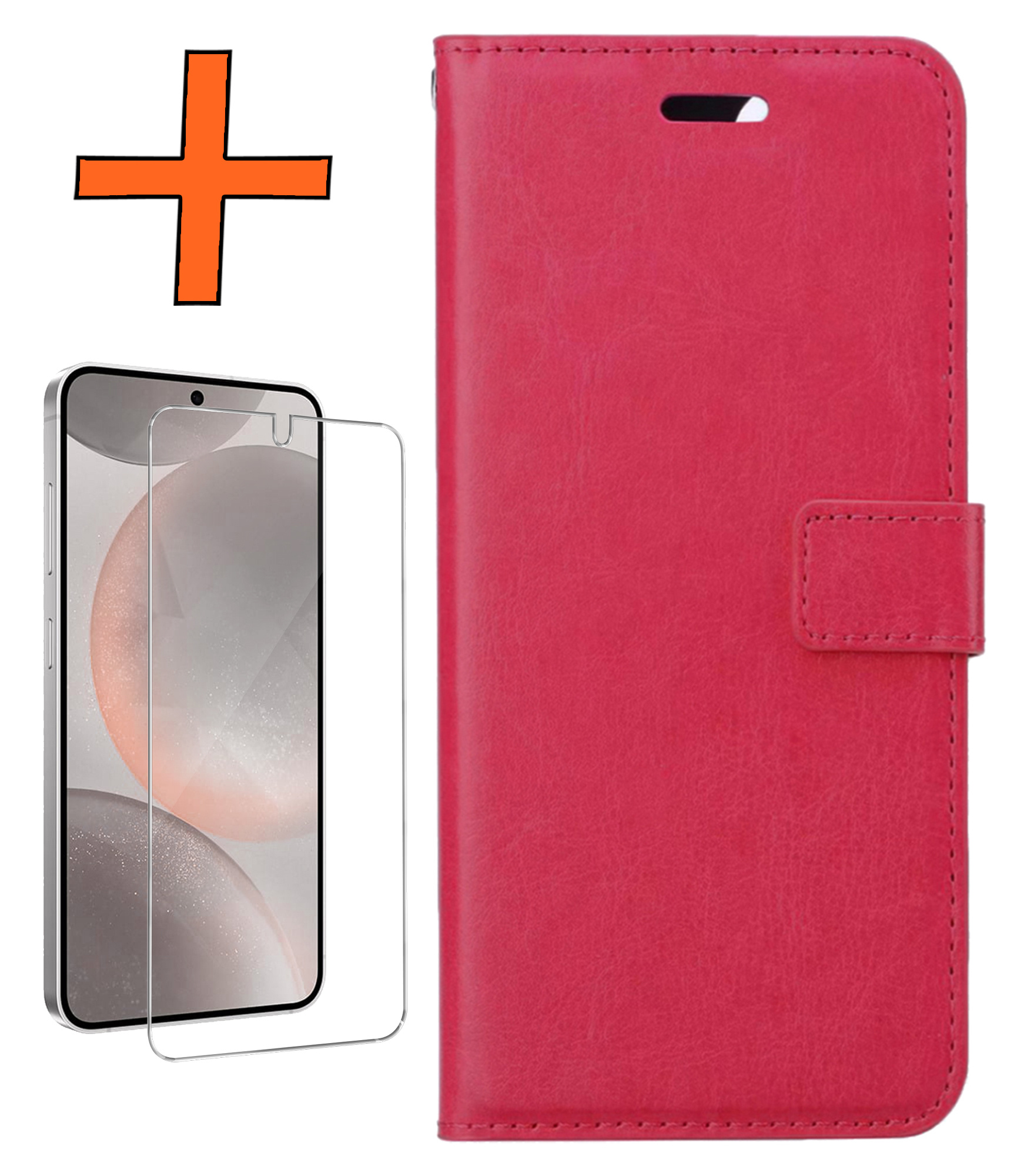 Nomfy Hoesje Geschikt voor Samsung S24 Hoes Bookcase Flipcase Book Cover Met Screenprotector - Hoes Geschikt voor Samsung Galaxy S24 Hoesje Book Case - Donkerroze