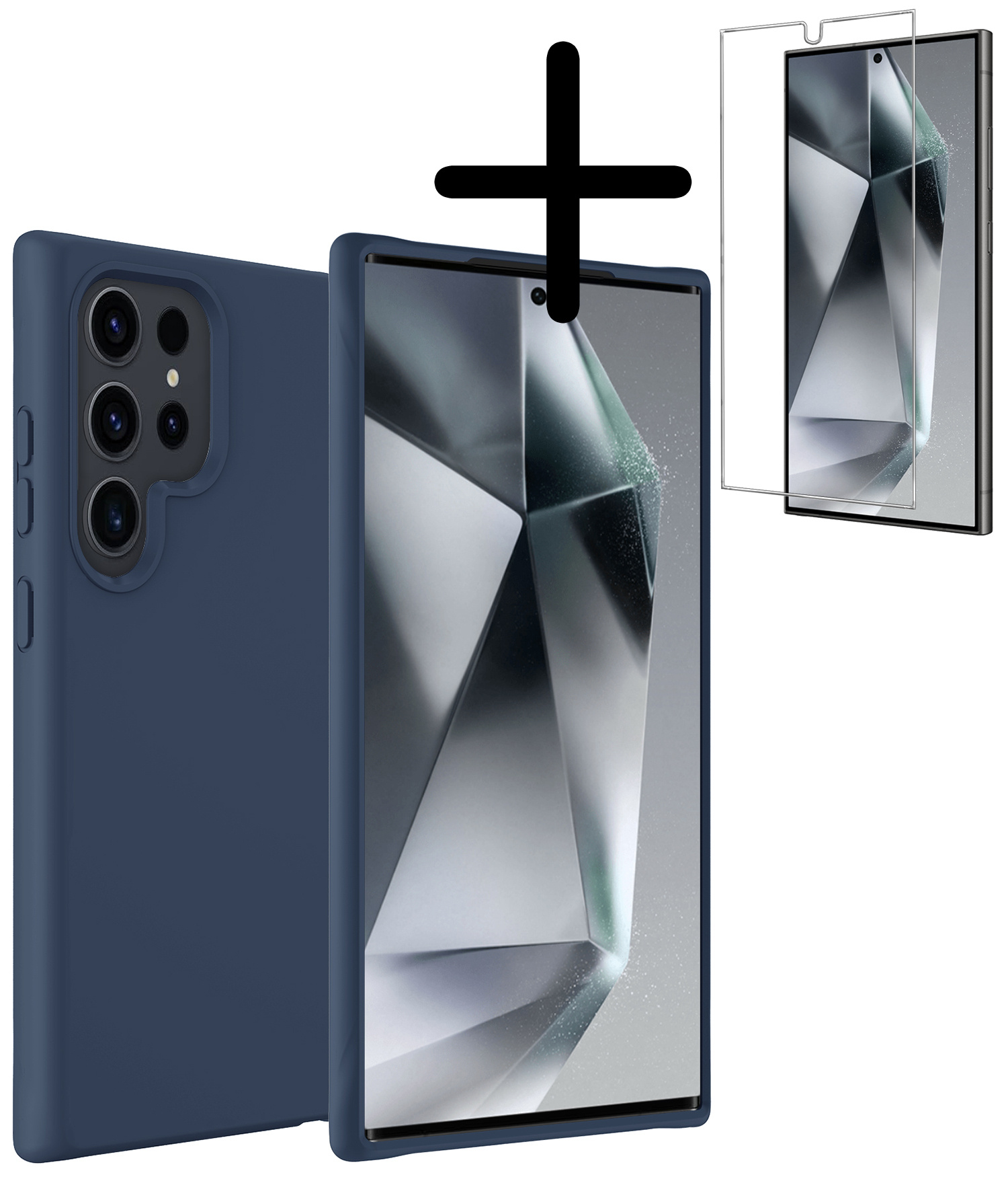 BASEY. Hoes Geschikt voor Samsung S24 Ultra Hoesje Siliconen Back Cover Case Met Screenprotector - Hoesje Geschikt voor Samsung Galaxy S24 Ultra Hoes Cover Hoesje - Donkerblauw