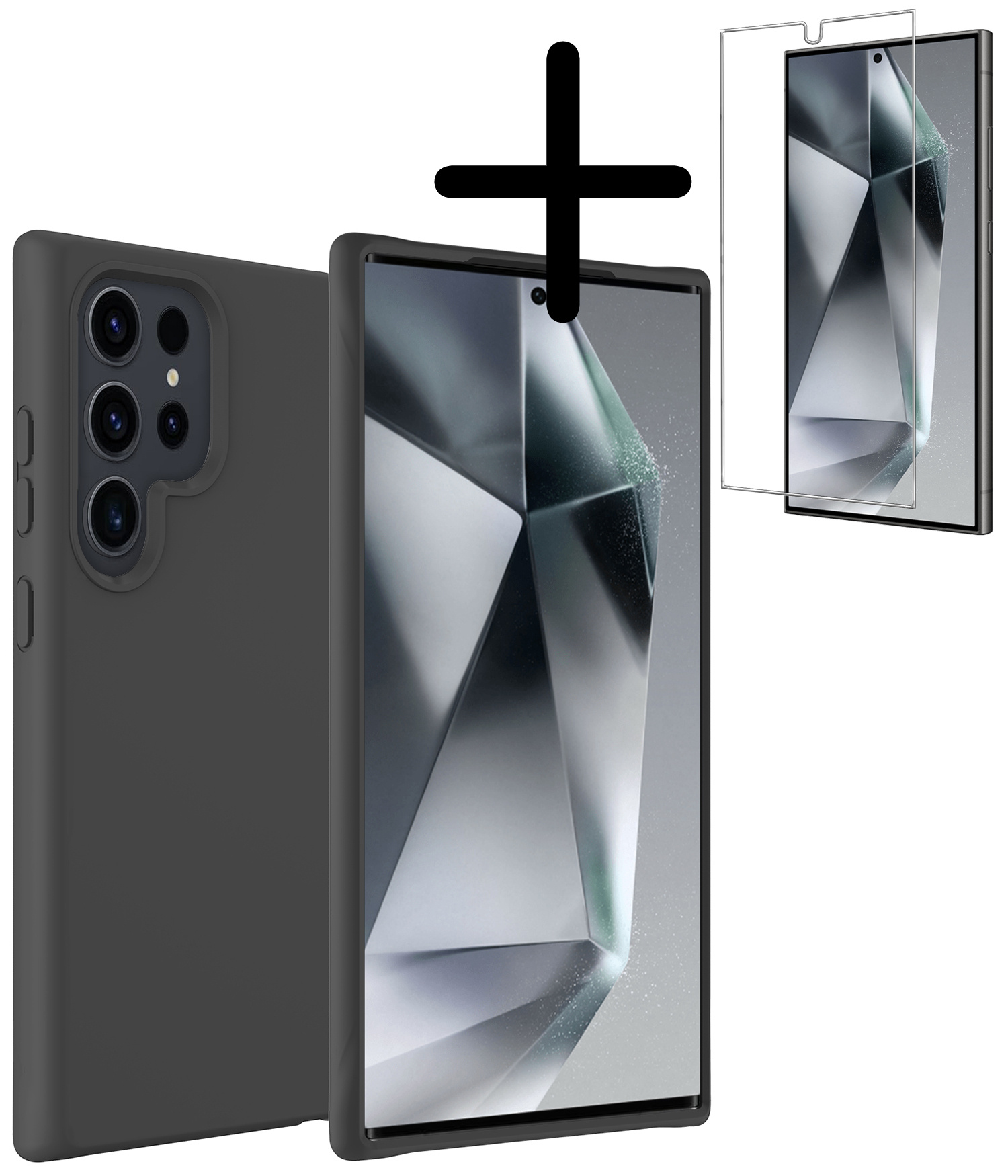 BASEY. Hoes Geschikt voor Samsung S24 Ultra Hoesje Siliconen Back Cover Case Met Screenprotector - Hoesje Geschikt voor Samsung Galaxy S24 Ultra Hoes Cover Hoesje - Zwart