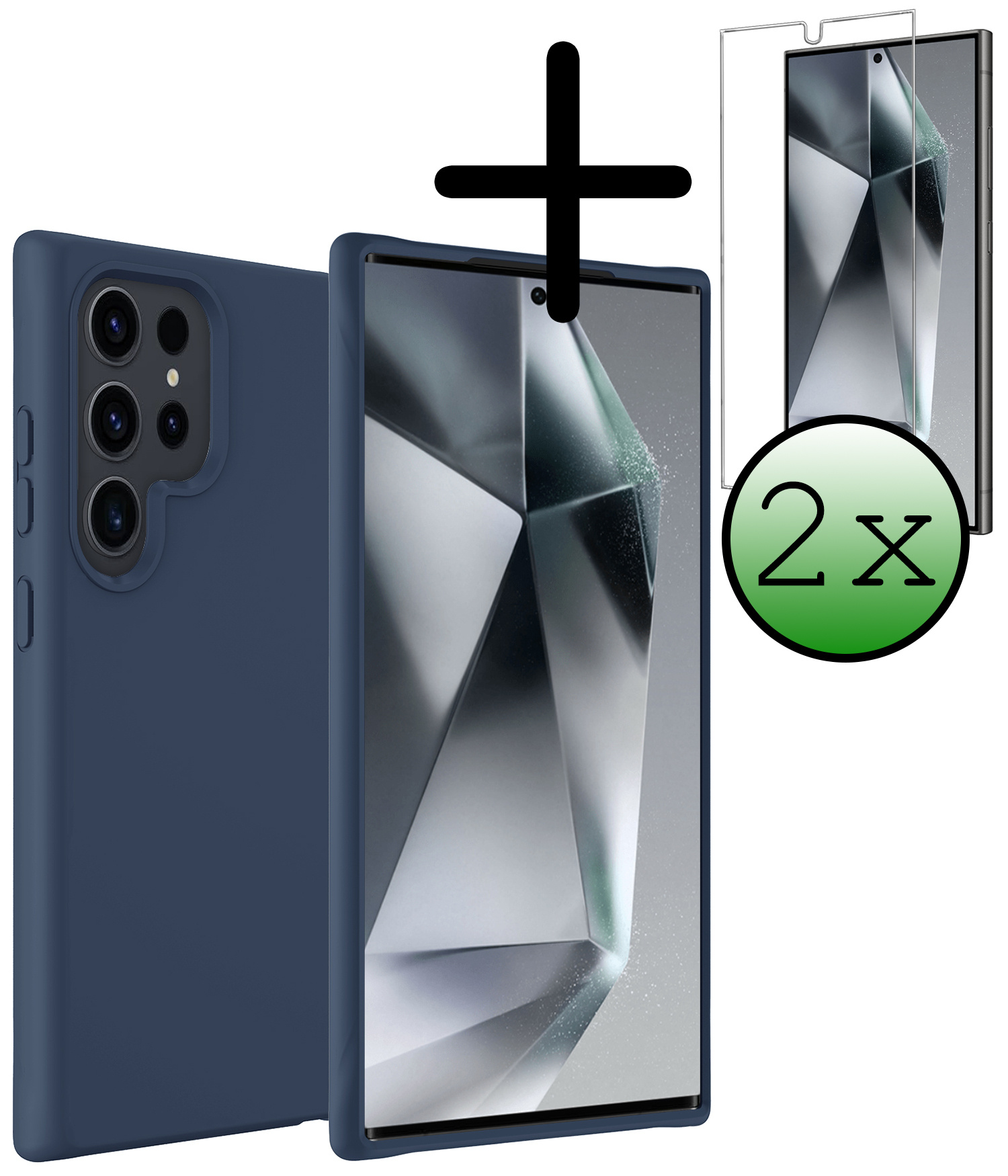BASEY. Hoes Geschikt voor Samsung S24 Ultra Hoesje Siliconen Back Cover Case Met 2x Screenprotector - Hoesje Geschikt voor Samsung Galaxy S24 Ultra Hoes Cover Hoesje - Donkerblauw