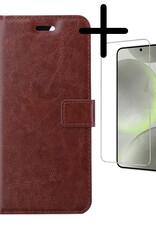 BASEY. Hoes Geschikt voor Samsung S24 Hoesje Bookcase Hoes Flip Case Book Cover Met Screenprotector - Hoesje Geschikt voor Samsung Galaxy S24 Hoes Book Case Hoesje - Bruin