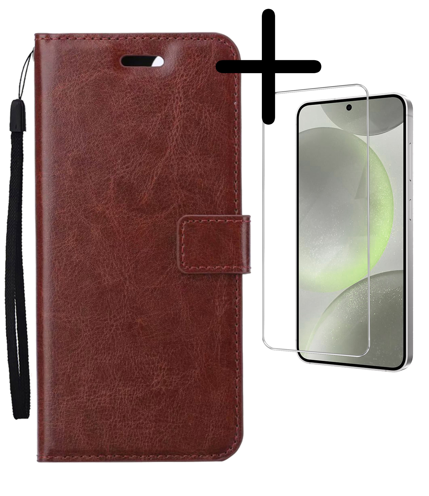 BASEY. Hoes Geschikt voor Samsung S24 Hoesje Bookcase Hoes Flip Case Book Cover Met Screenprotector - Hoesje Geschikt voor Samsung Galaxy S24 Hoes Book Case Hoesje - Bruin