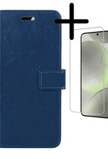 BASEY. Hoes Geschikt voor Samsung S24 Hoesje Bookcase Hoes Flip Case Book Cover Met Screenprotector - Hoesje Geschikt voor Samsung Galaxy S24 Hoes Book Case Hoesje - Donkerblauw