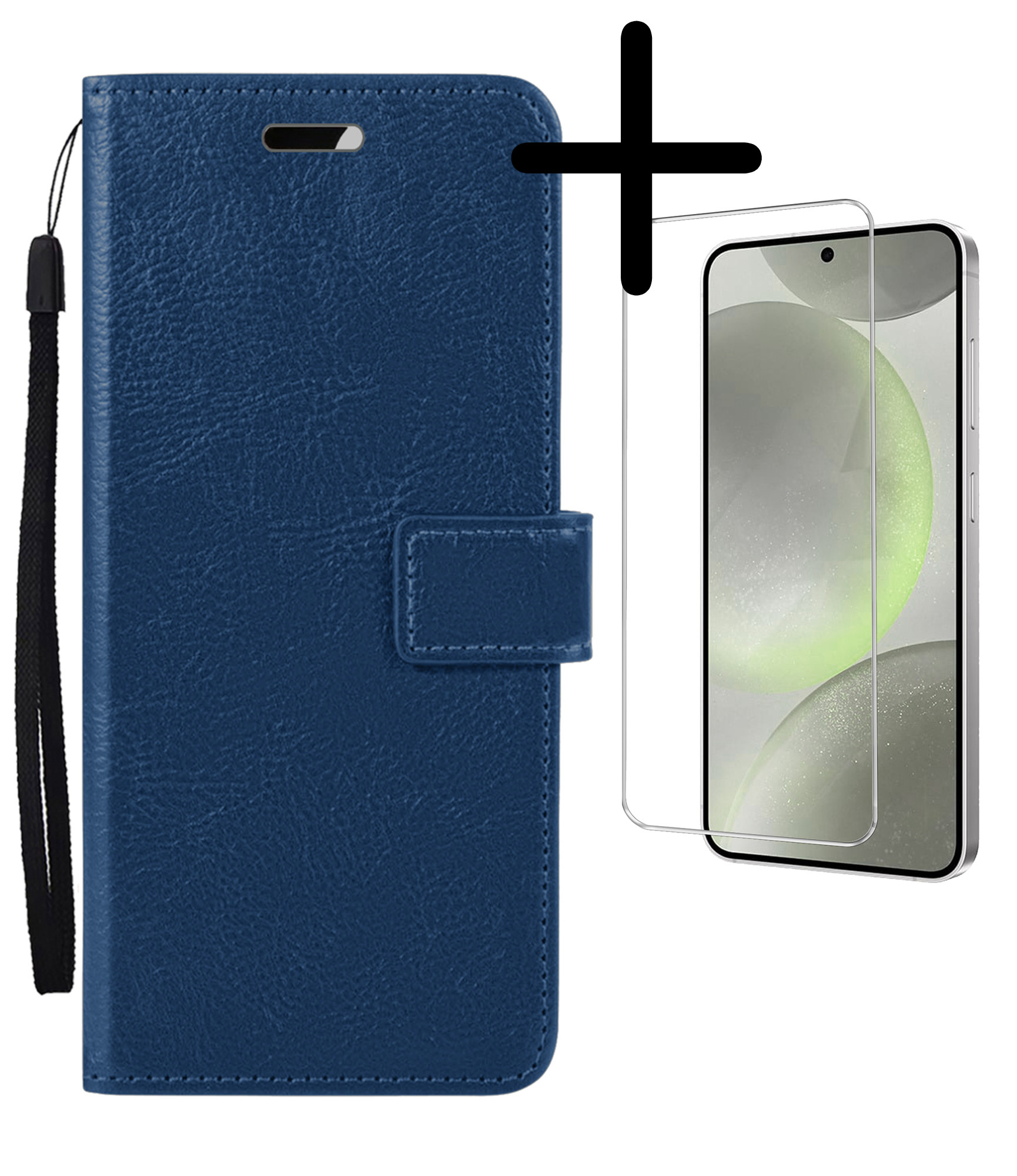 BASEY. Hoes Geschikt voor Samsung S24 Hoesje Bookcase Hoes Flip Case Book Cover Met Screenprotector - Hoesje Geschikt voor Samsung Galaxy S24 Hoes Book Case Hoesje - Donkerblauw