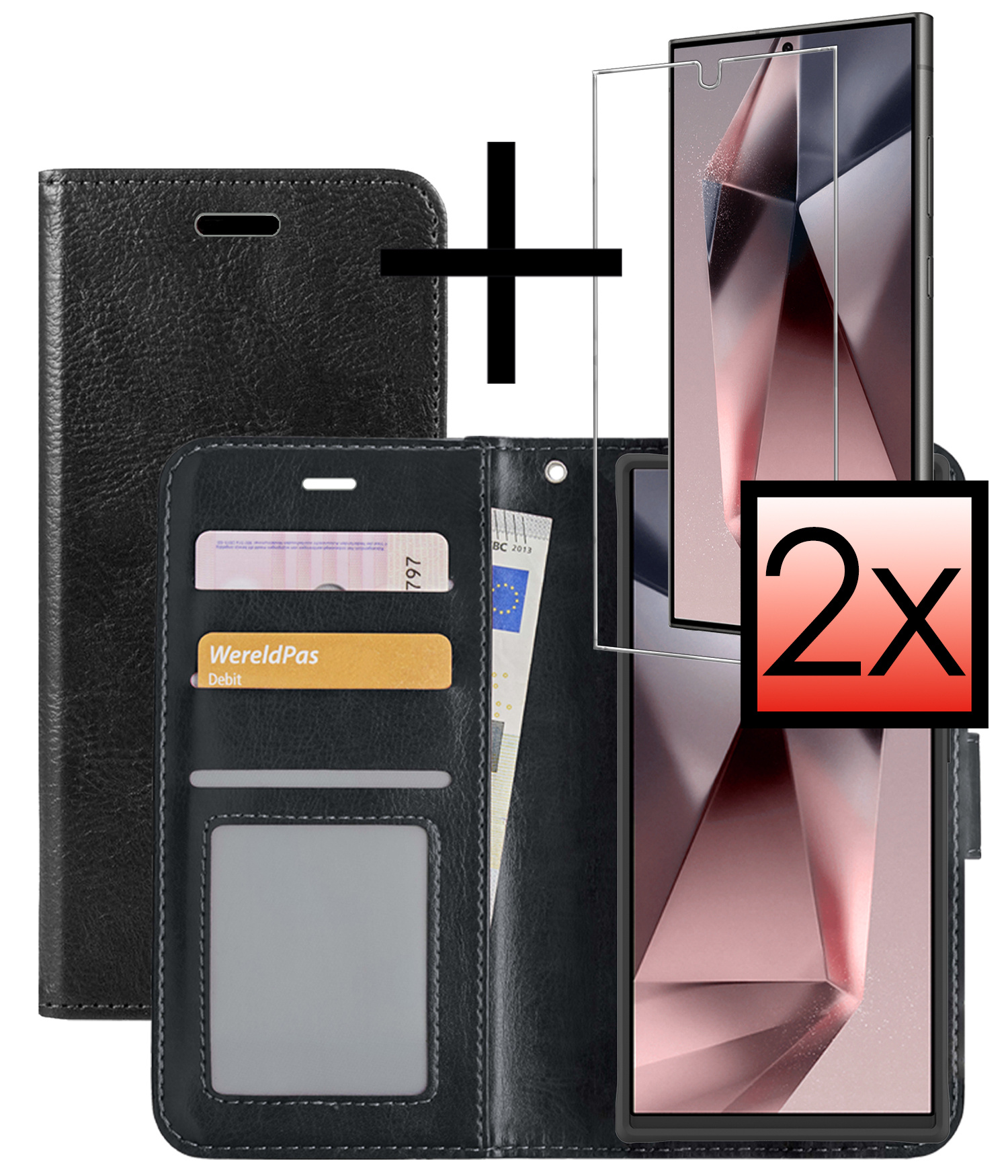 NoXx Hoes Geschikt voor Samsung S24 Ultra Hoesje Book Case Hoes Flip Cover Wallet Bookcase Met 2x Screenprotector - Zwart