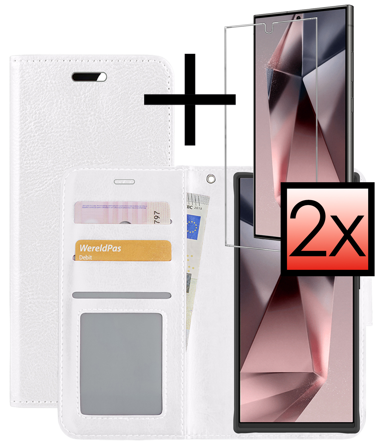 NoXx Hoes Geschikt voor Samsung S24 Ultra Hoesje Book Case Hoes Flip Cover Wallet Bookcase Met 2x Screenprotector - Wit