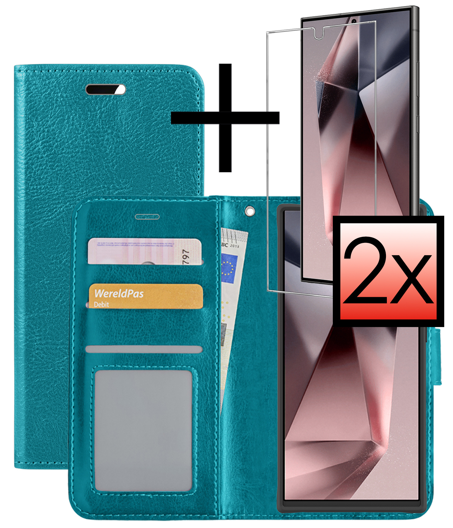 NoXx Hoes Geschikt voor Samsung S24 Ultra Hoesje Book Case Hoes Flip Cover Wallet Bookcase Met 2x Screenprotector - Turquoise
