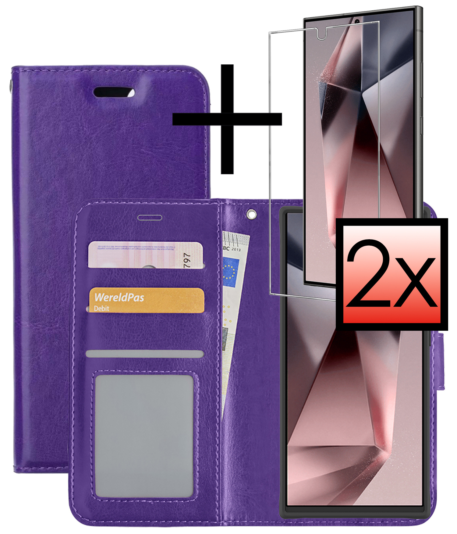 NoXx Hoes Geschikt voor Samsung S24 Ultra Hoesje Book Case Hoes Flip Cover Wallet Bookcase Met 2x Screenprotector - Paars