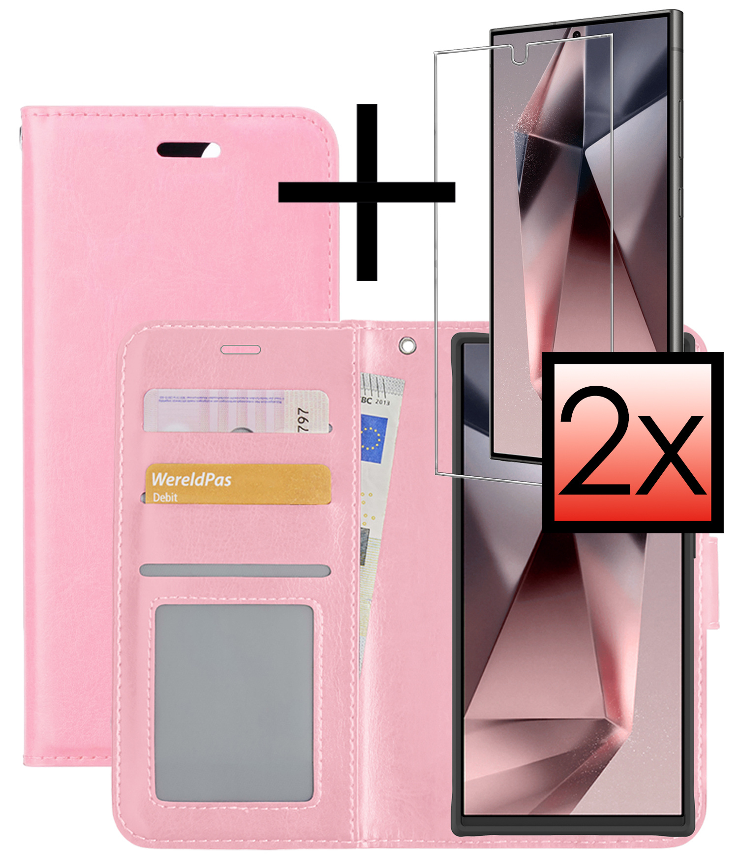 NoXx Hoes Geschikt voor Samsung S24 Ultra Hoesje Book Case Hoes Flip Cover Wallet Bookcase Met 2x Screenprotector - Lichtroze