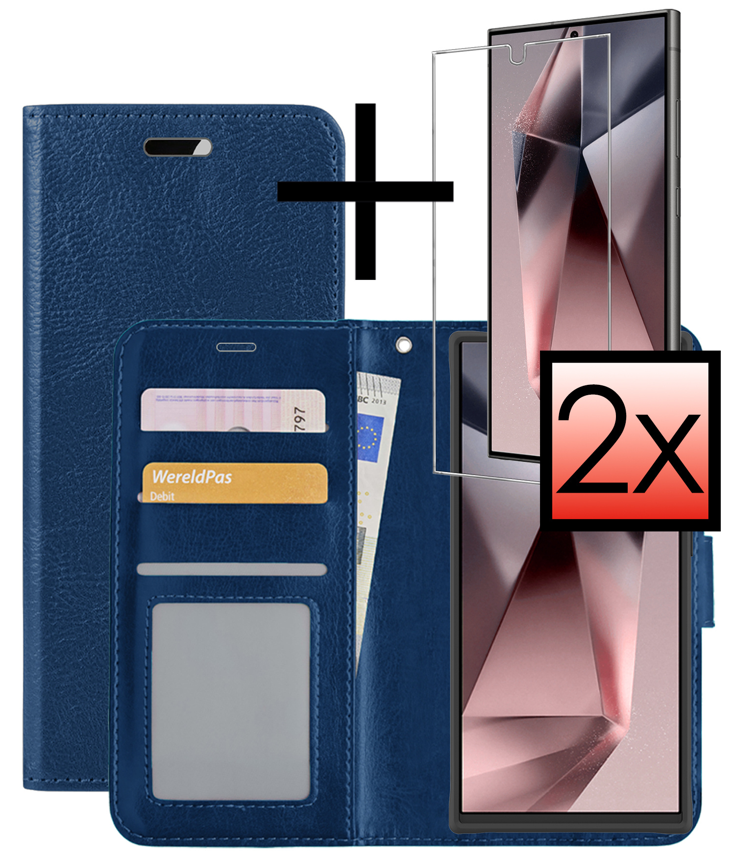 NoXx Hoes Geschikt voor Samsung S24 Ultra Hoesje Book Case Hoes Flip Cover Wallet Bookcase Met 2x Screenprotector - Donkerblauw