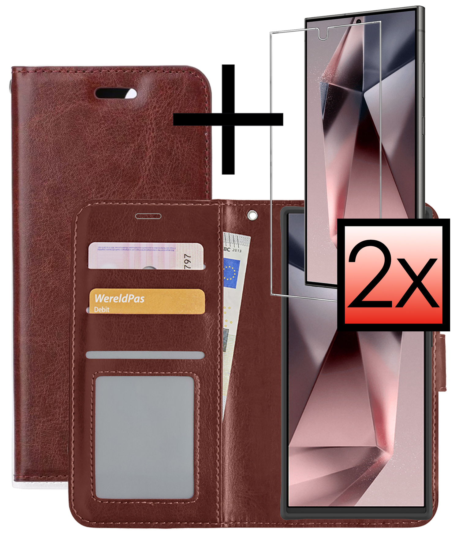 NoXx Hoes Geschikt voor Samsung S24 Ultra Hoesje Book Case Hoes Flip Cover Wallet Bookcase Met 2x Screenprotector - Bruin